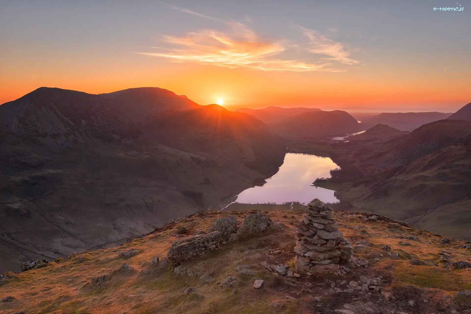 Góry, Zachód słońca, Jezioro Buttermere, Anglia, Hrabstwo Kumbria