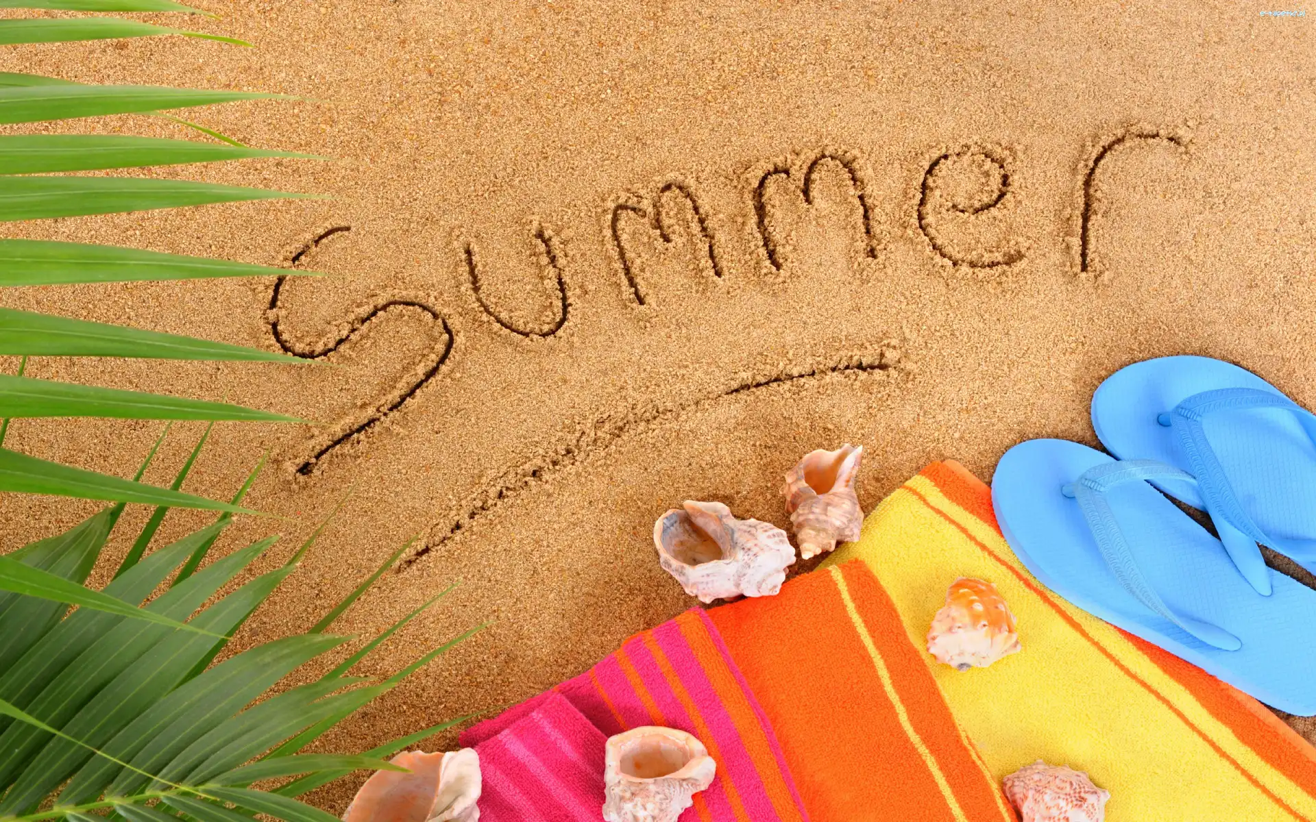 Japonki, Napis, Summer, Plaża, Lato, Ręcznik, Muszelki
