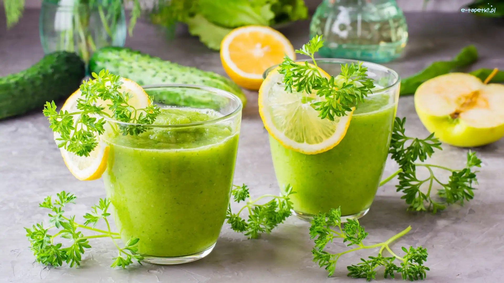 Szklanki, Ogórek, Jabłko, Smoothie, Napój, Plastry pomarańczy, Pietruszka