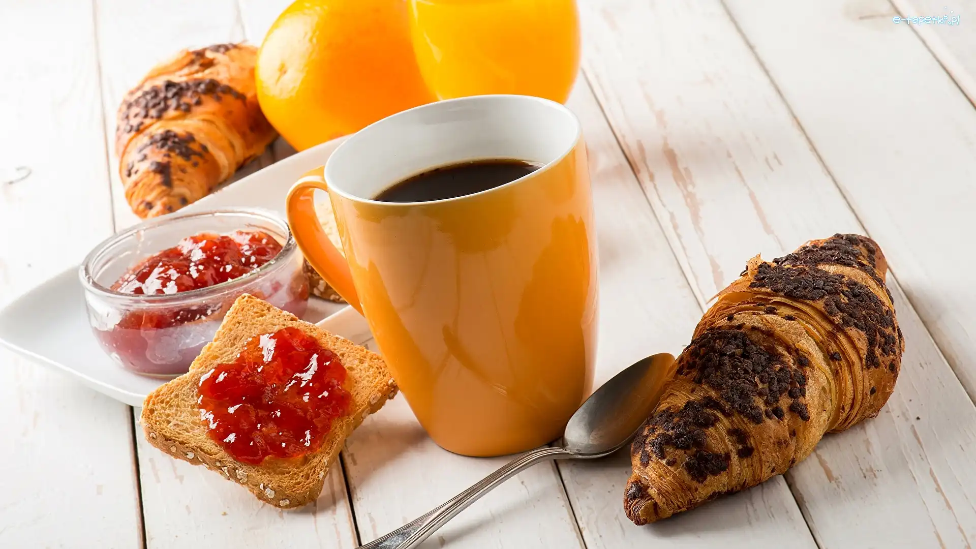 Kubek, Croissant, Dżem, Chleb, Śniadanie, Deski, Łyżeczka, Rogaliki, Kawa