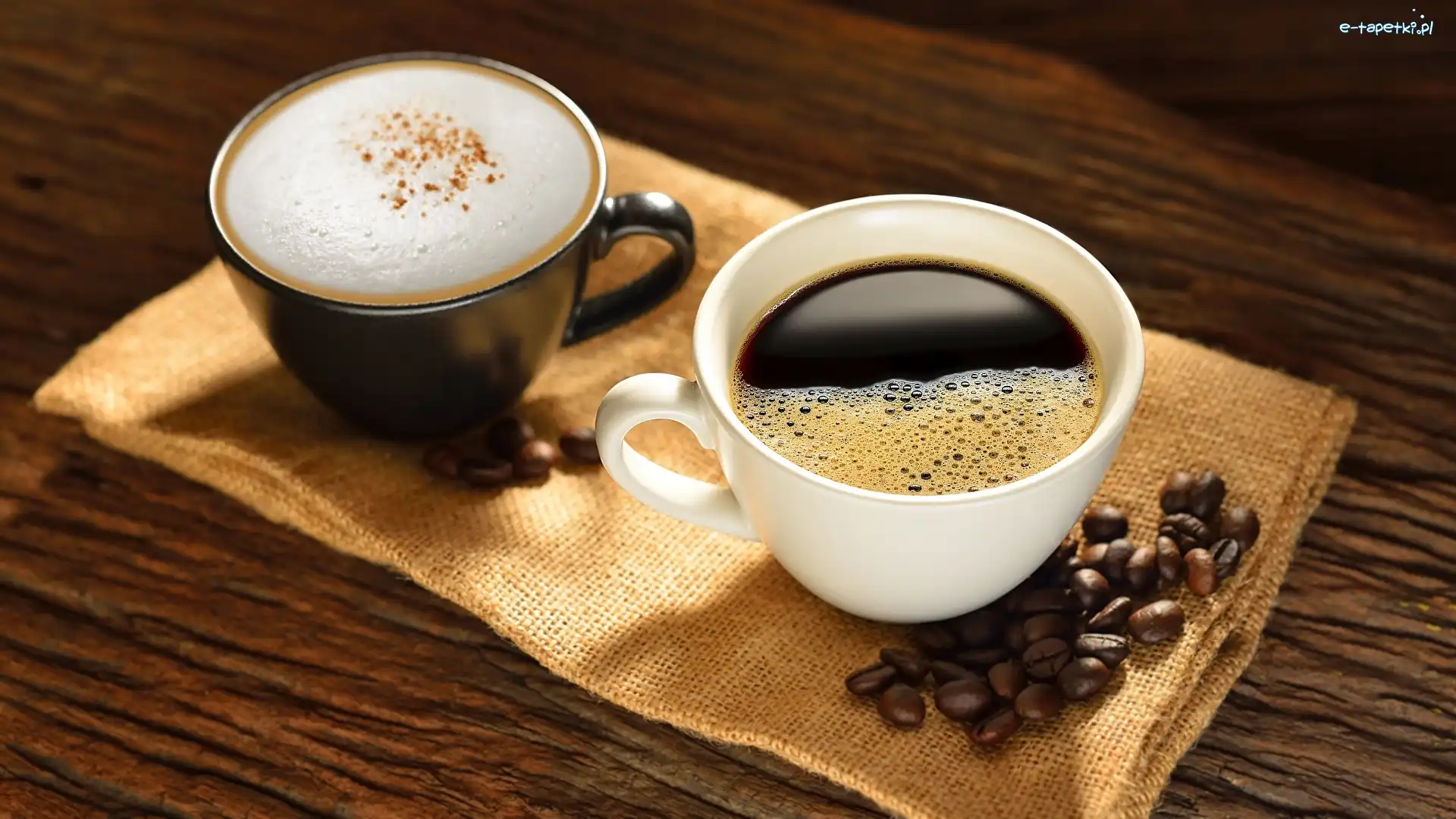 Drewno, Cappuccino, Ziarna, Czarna, Kawa, Worek jutowy, Filiżanki