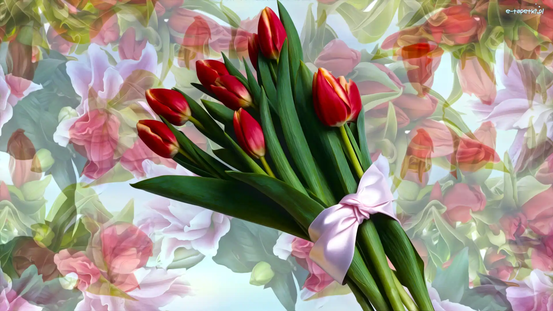 Kwiaty, Bukiet, Tulipany, Grafika, Kokarda