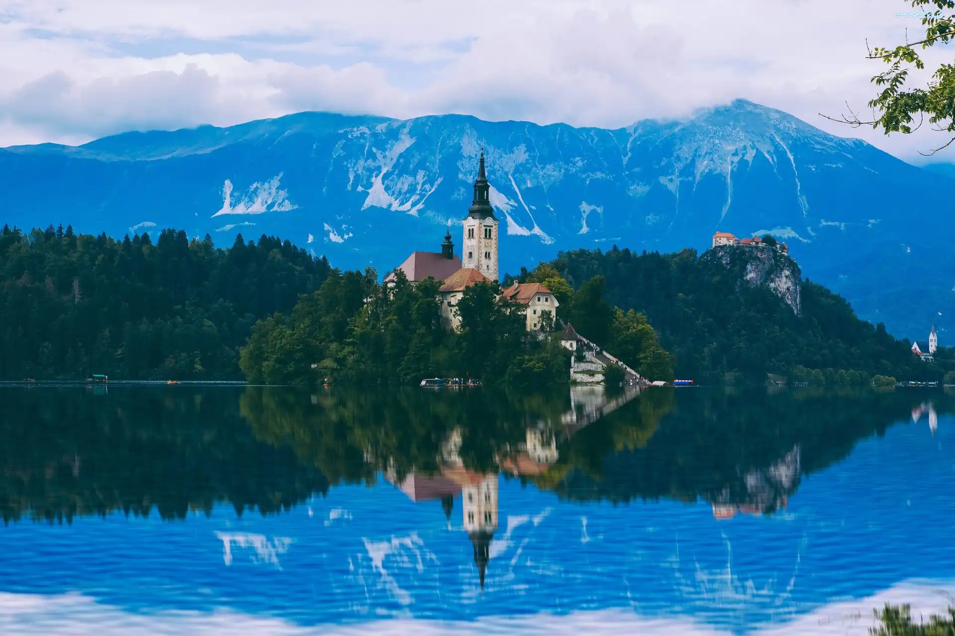Słowenia, Jezioro Bled, Wyspa Blejski Otok, Góry, Kościół Wniebowzięcia Marii Panny