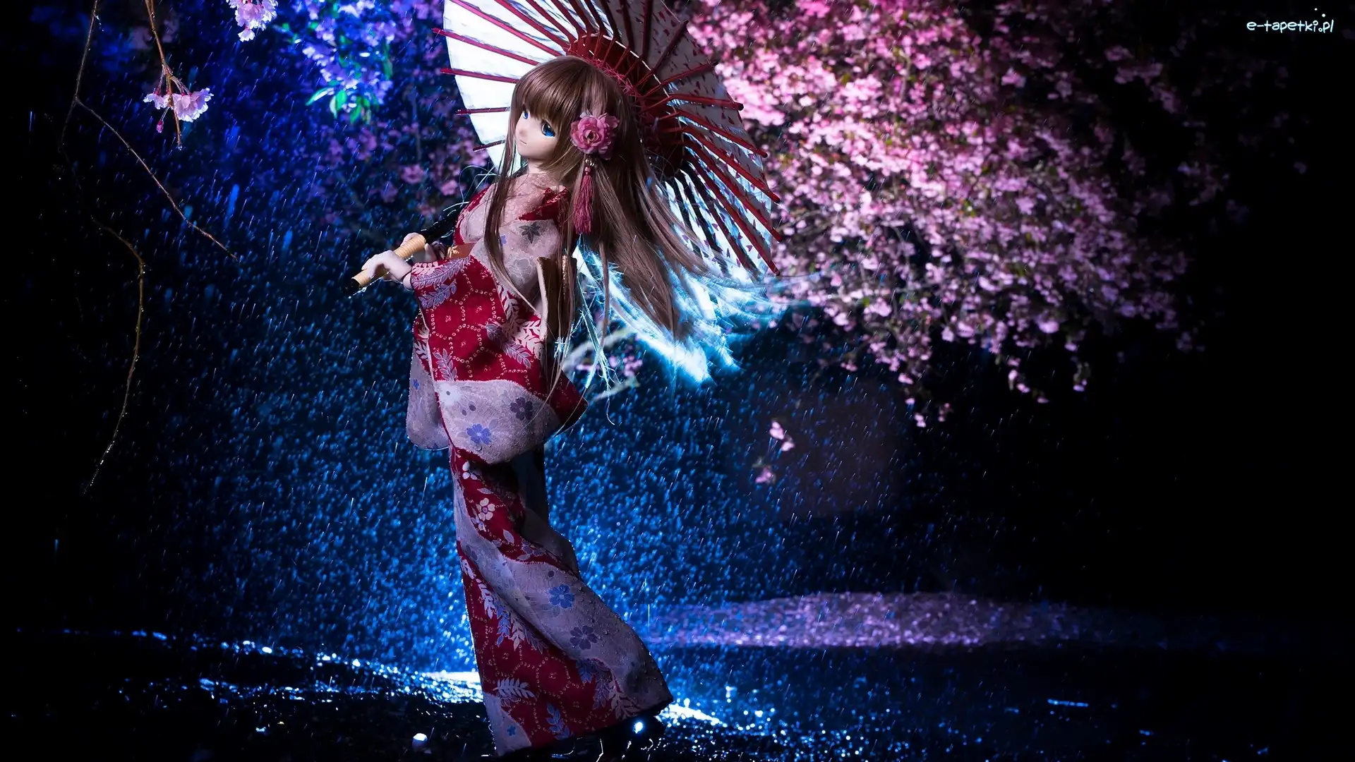 Lalka, Japonka, Parasolka, Deszcz, Kimono