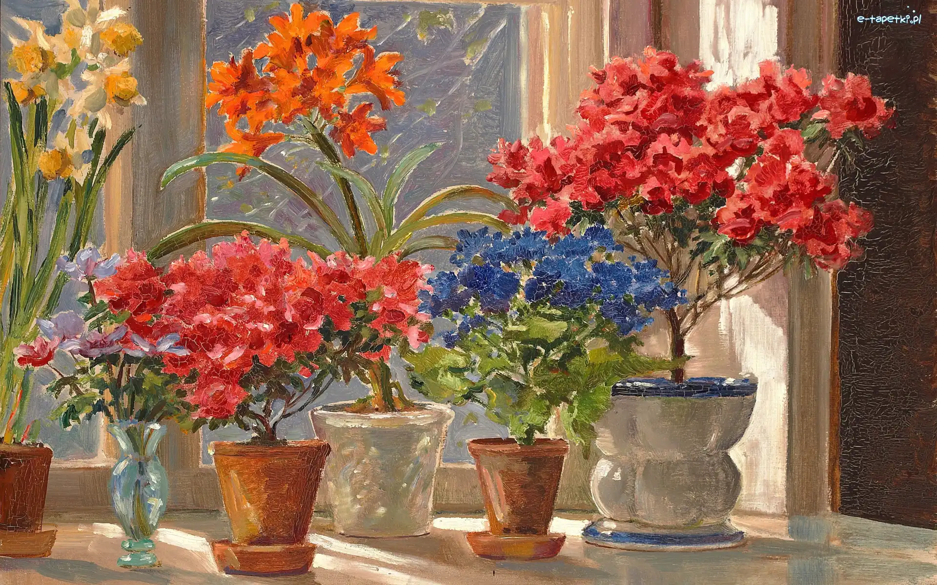 Kwiaty, Malarstwo, Parapet, Okno, Olga Aleksandrowna Romanowa, Doniczki, Wazon, Obraz