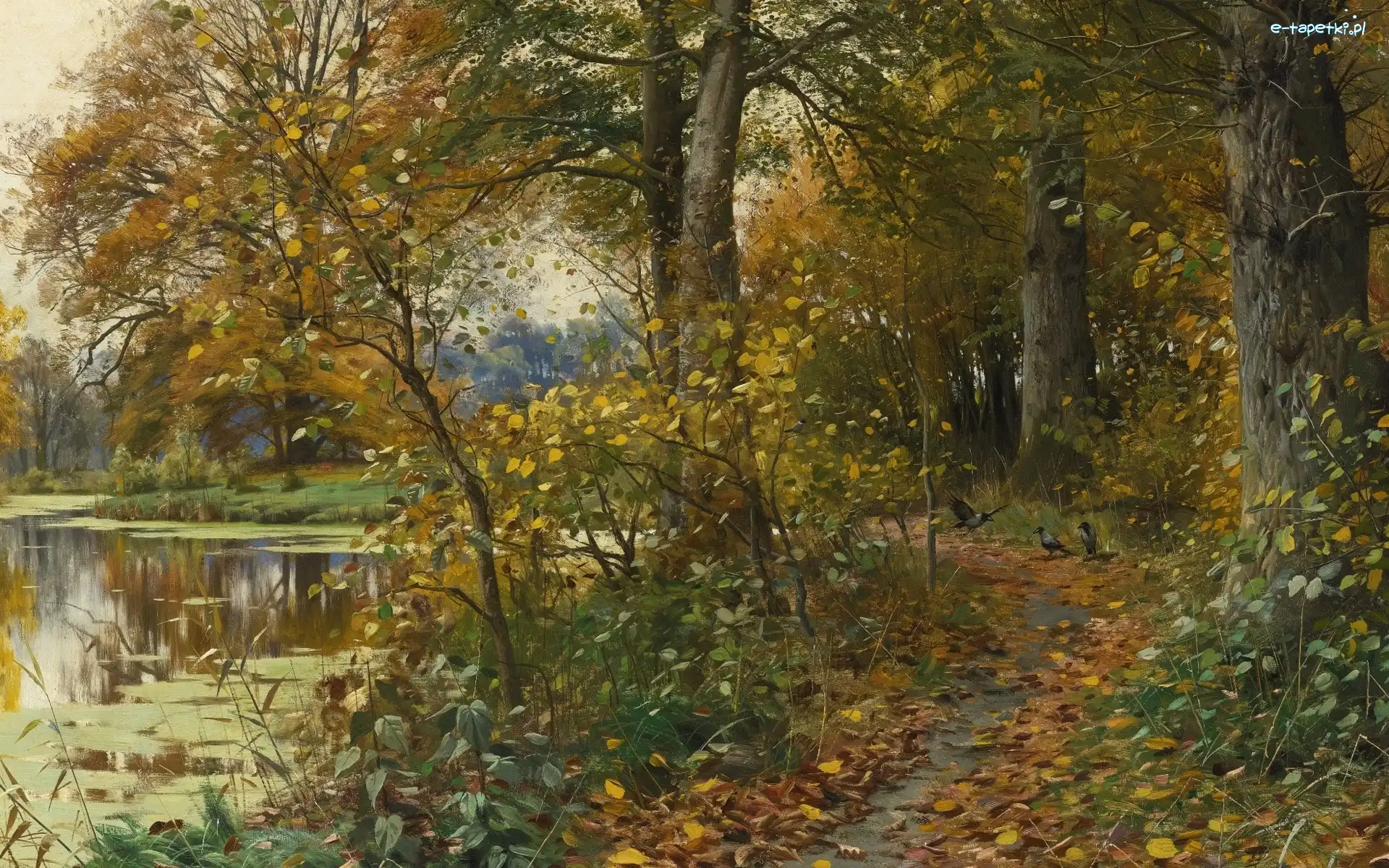 Drzewa, Jesień, Staw, Peder Monsted, Malarstwo, Ścieżka, Ptaki