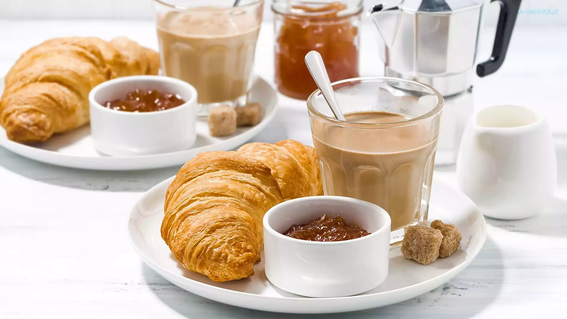 Kostki cukru, Croissanty, Dżem, Rogaliki, Śniadanie, Talerz, Kawa