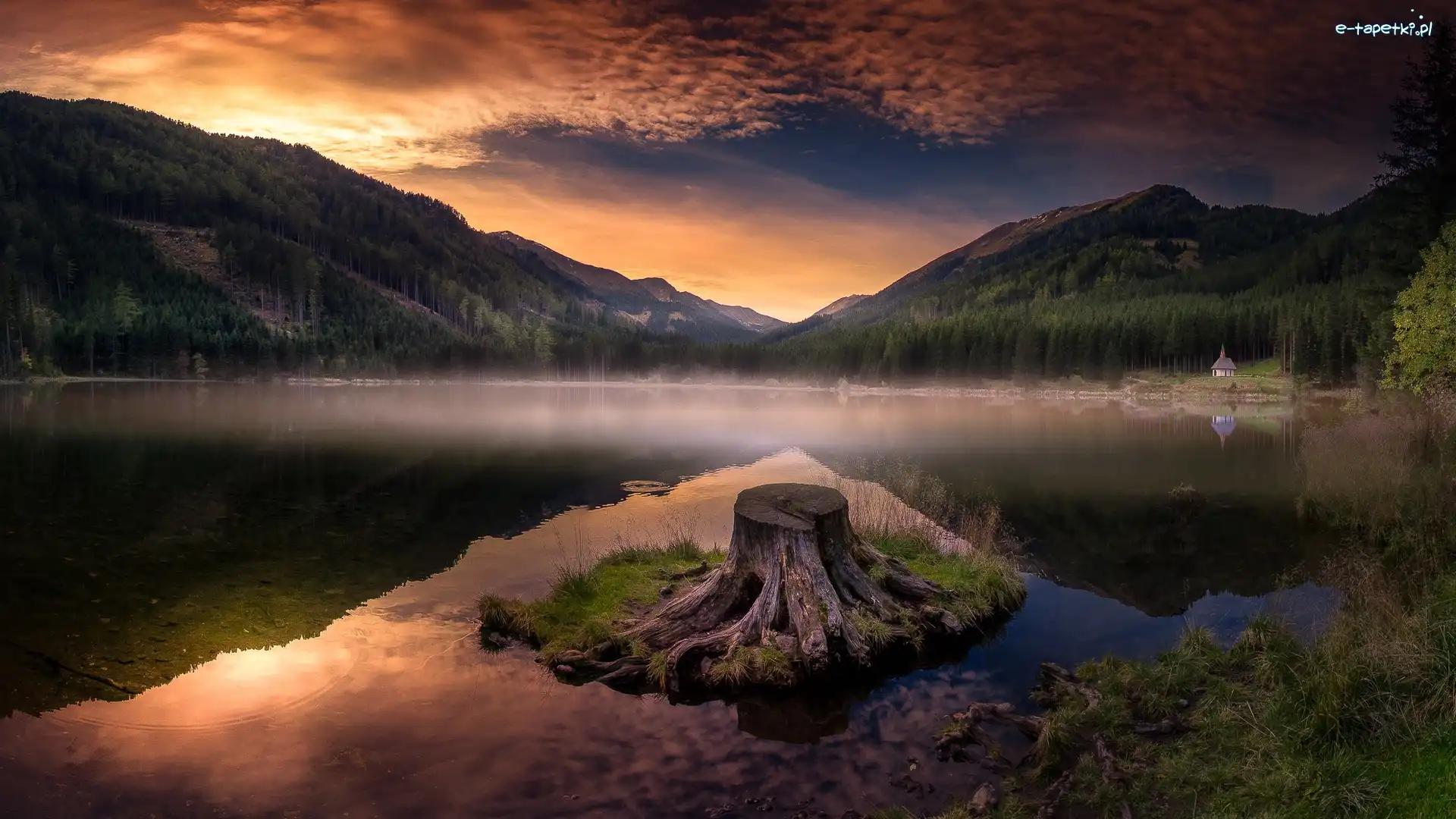 Mgła, Jezioro Ingeringsee, Austria, Styria, Pień, Zachód słońca, Gmina Gaal, Góry