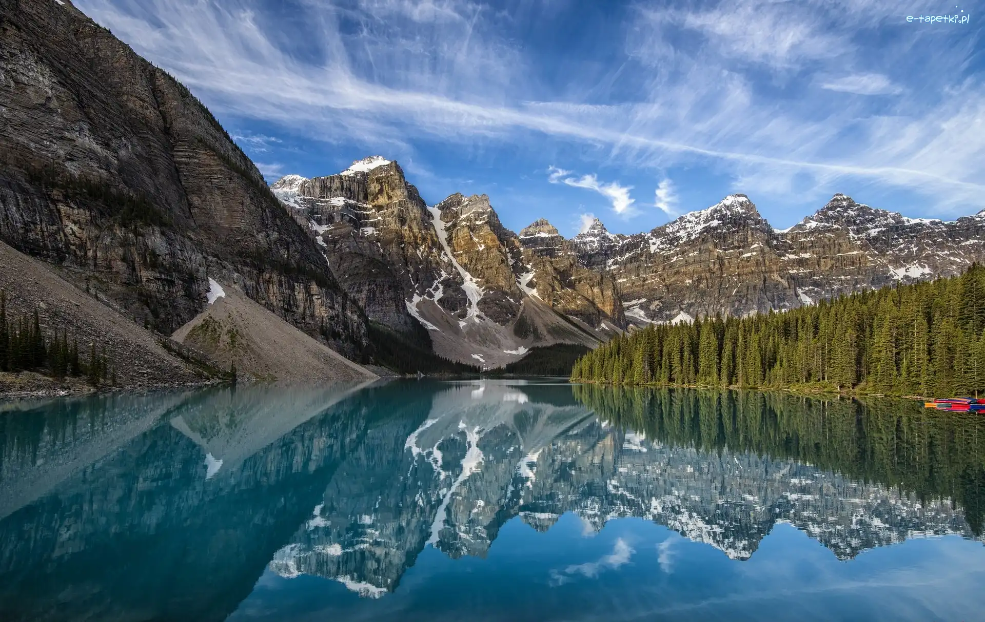 Odbicie, Park Narodowy Banff, Góry, Prowincja Alberta, Kanada, Drzewa, Jezioro Moraine