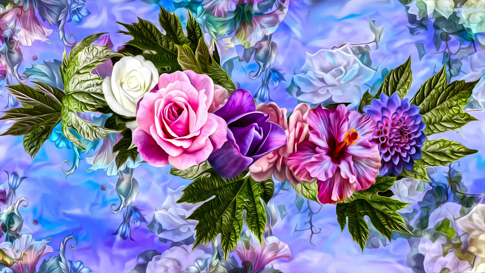 Listki, Hibiskus, Dalia, Grafika, Róże, Kwiaty