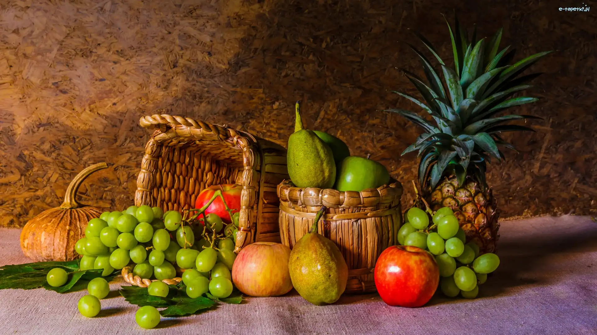 Owoce, Winogrona, Ananas, Koszyki, Jabłka