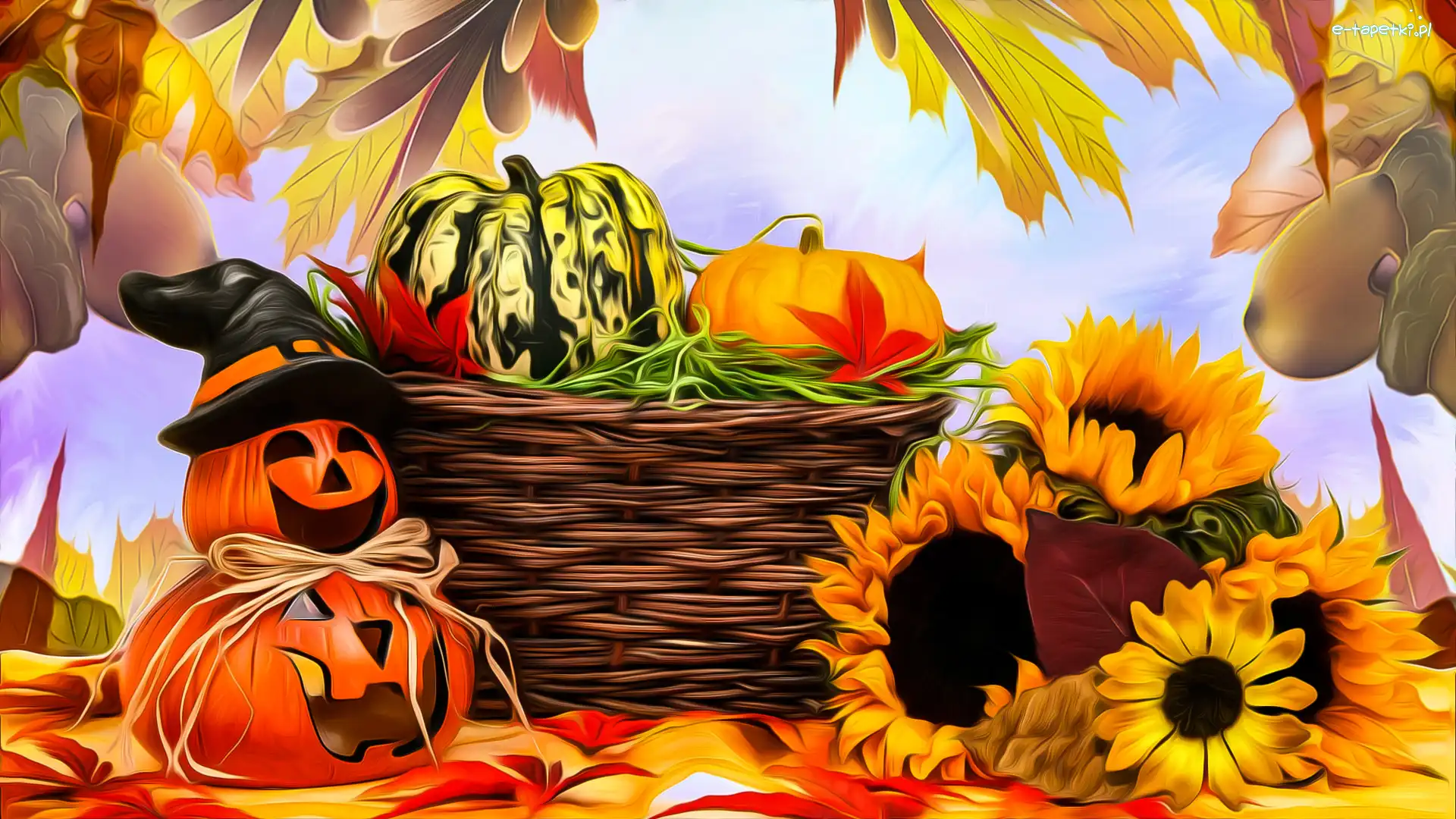 Kwiaty, Koszyk, Dynie, Słoneczniki, Liście, Halloween