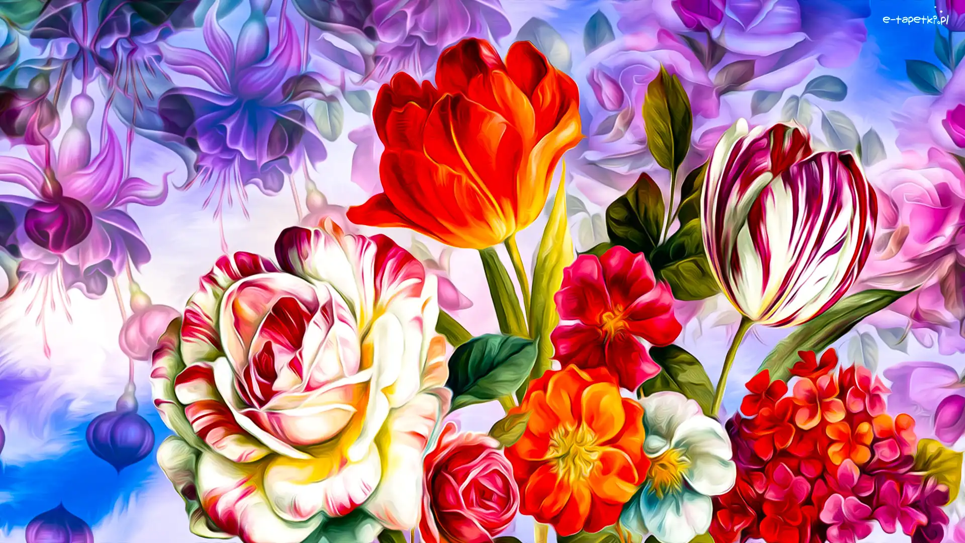 Róża, Grafika, Tulipany, Kwiaty