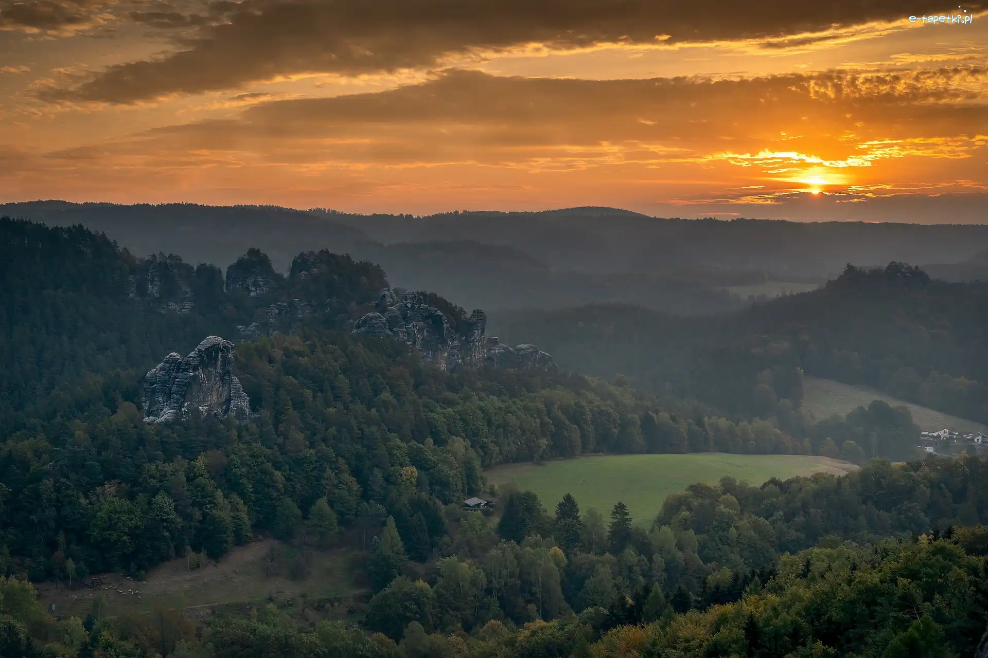 Skały Bastei, Park Narodowy Saskiej Szwajcarii, Góry Połabskie, Zachód słońca, Niemcy