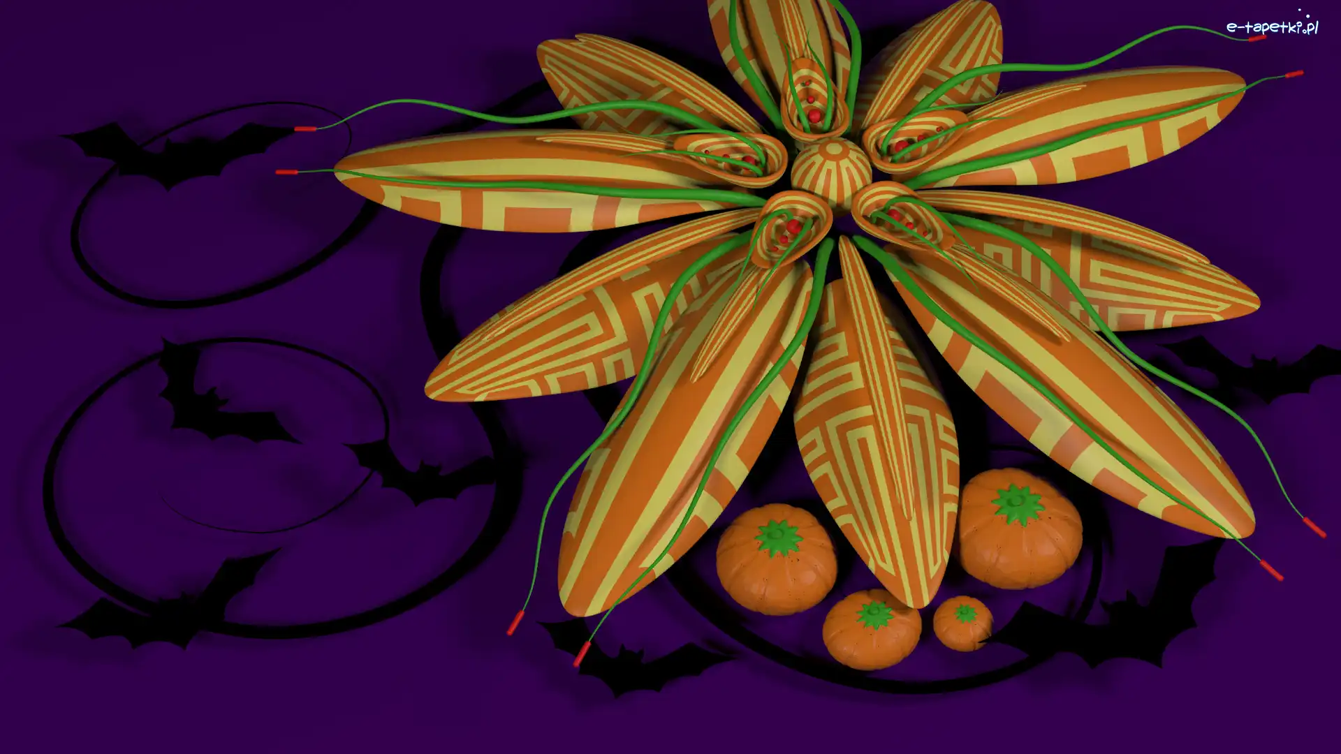 Grafika 3D, Kwiat, Halloween, Dynie, Nietoperze