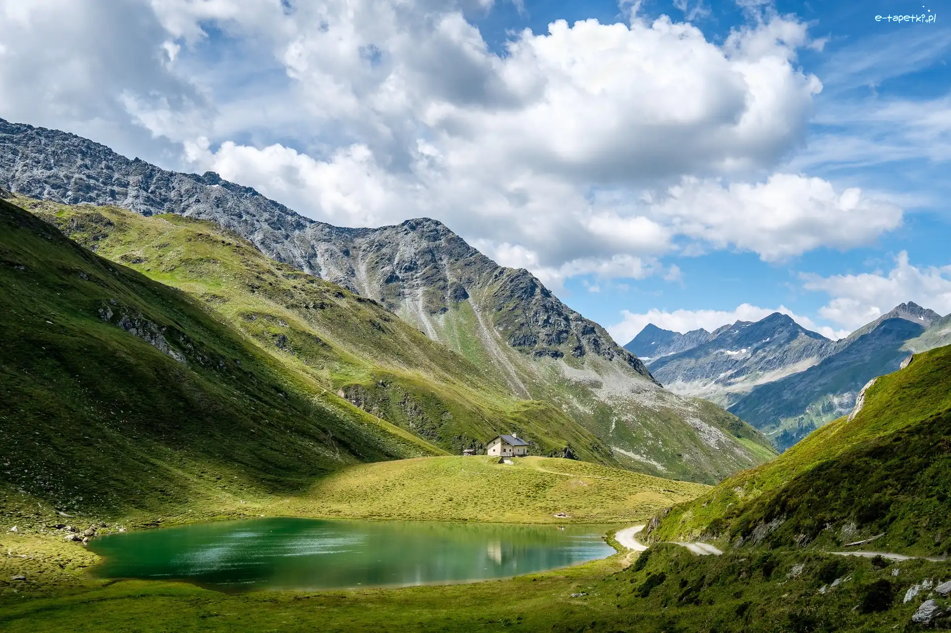 Droga, Góry, Jezioro, Dom, Południowy Tyrol, Włochy