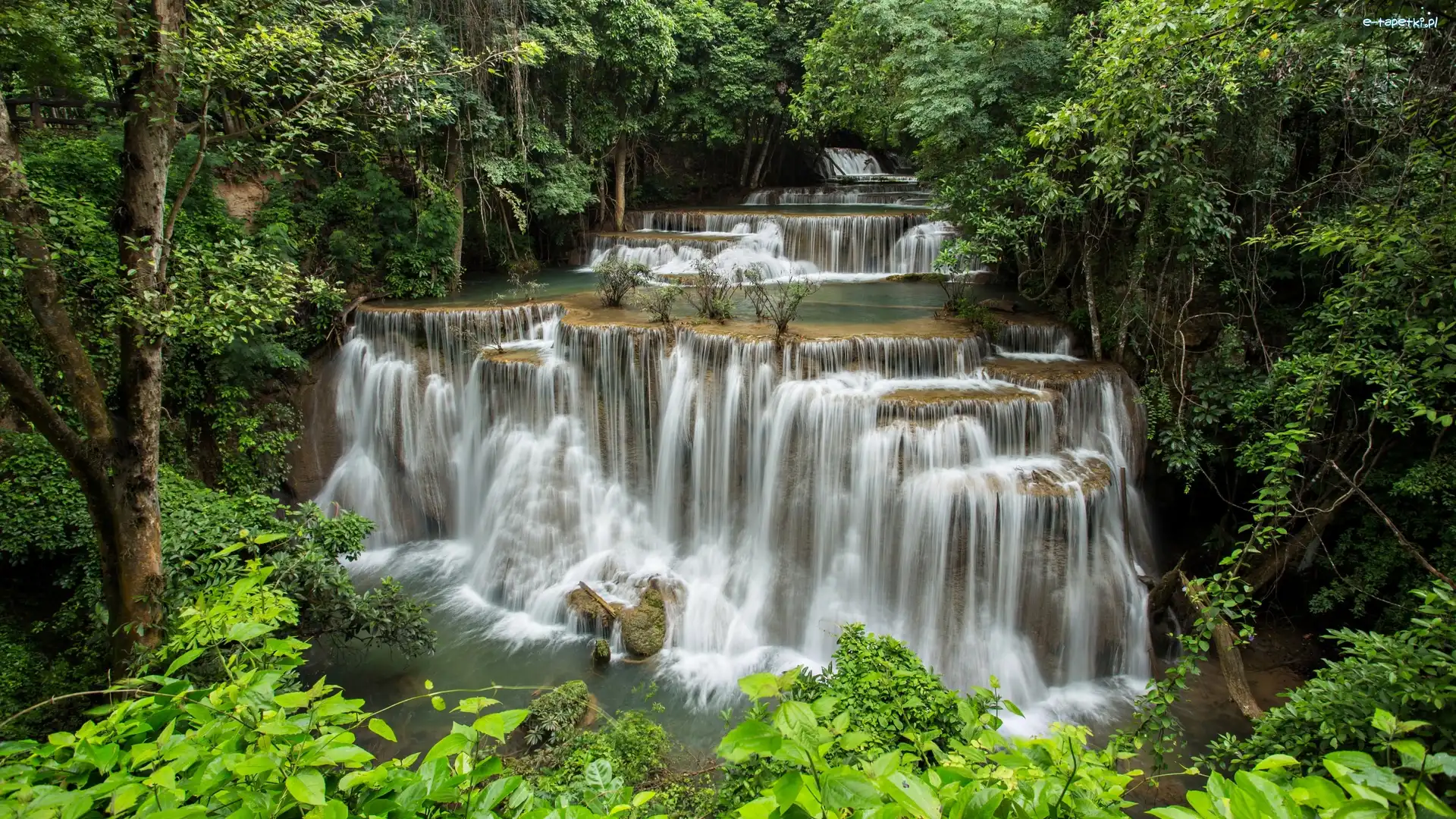 Prowincja Kanchanaburi, Drzewa, Park Narodowy Erawan, Tajlandia, Kaskada, Wodospad Erawan waterfall