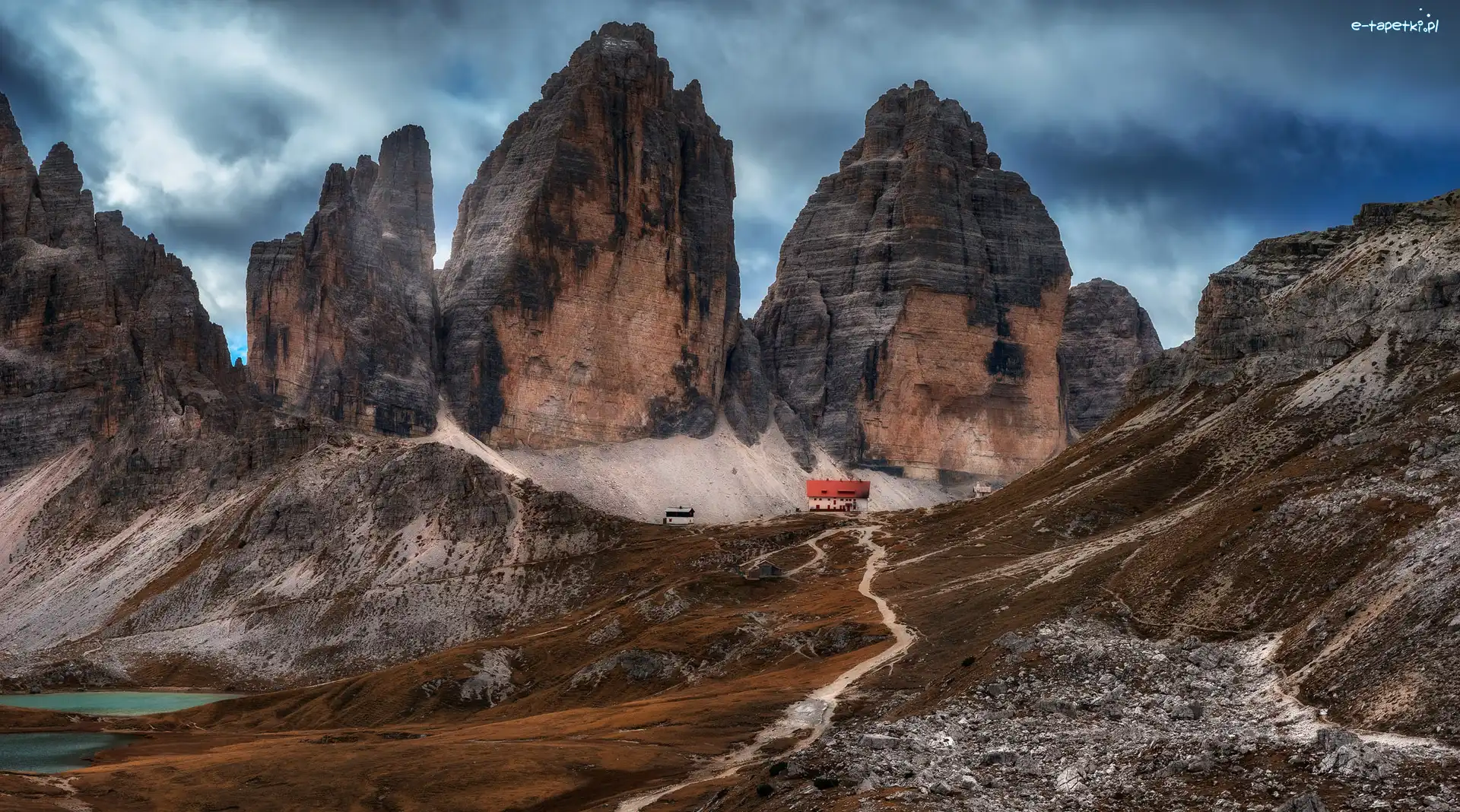 Śnieg, Dolomity, Włochy, Domy, Tre Cime di Lavaredo, Góry