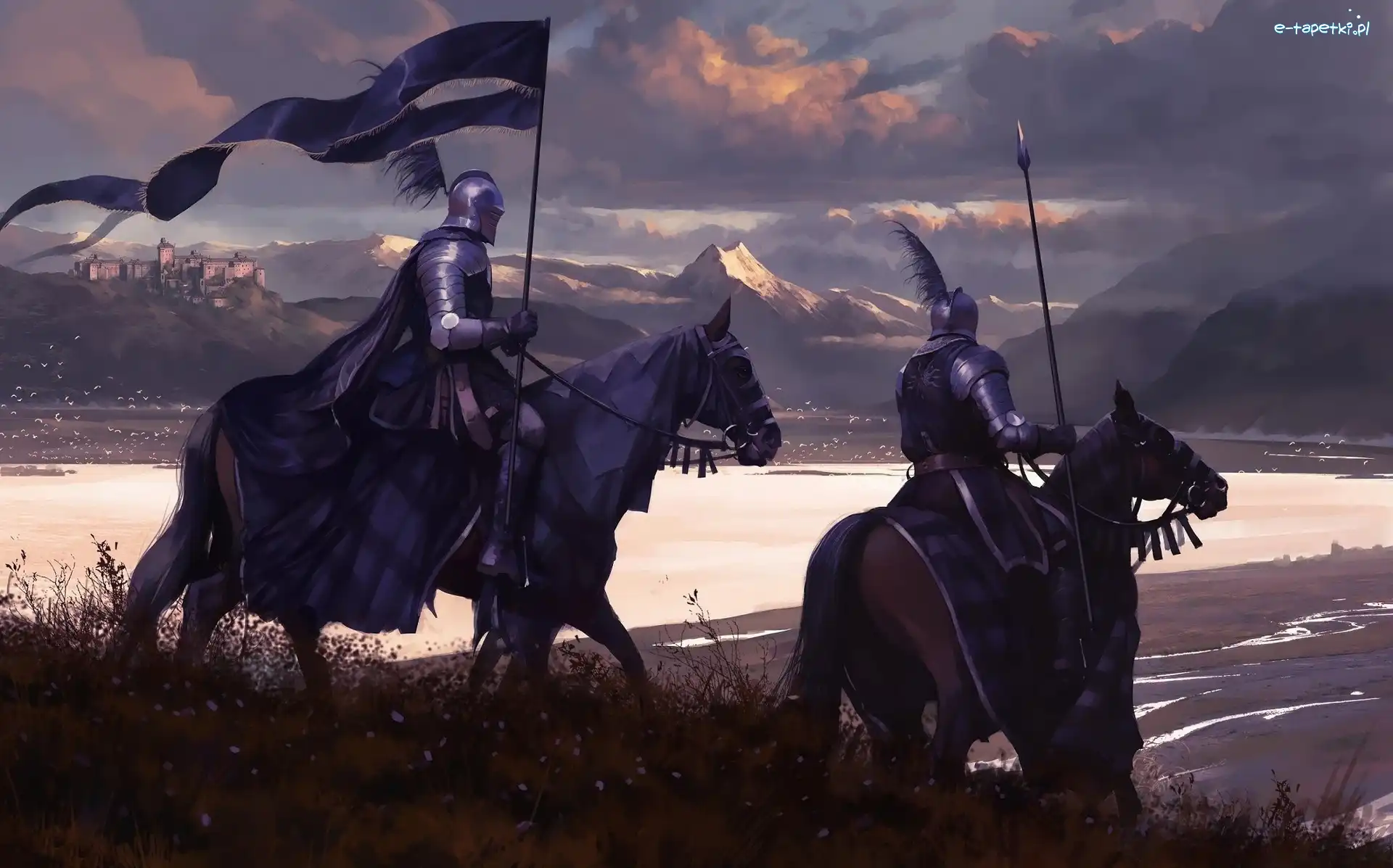 Digital Art, Konie, Rycerze, Góry, Chorągiew
