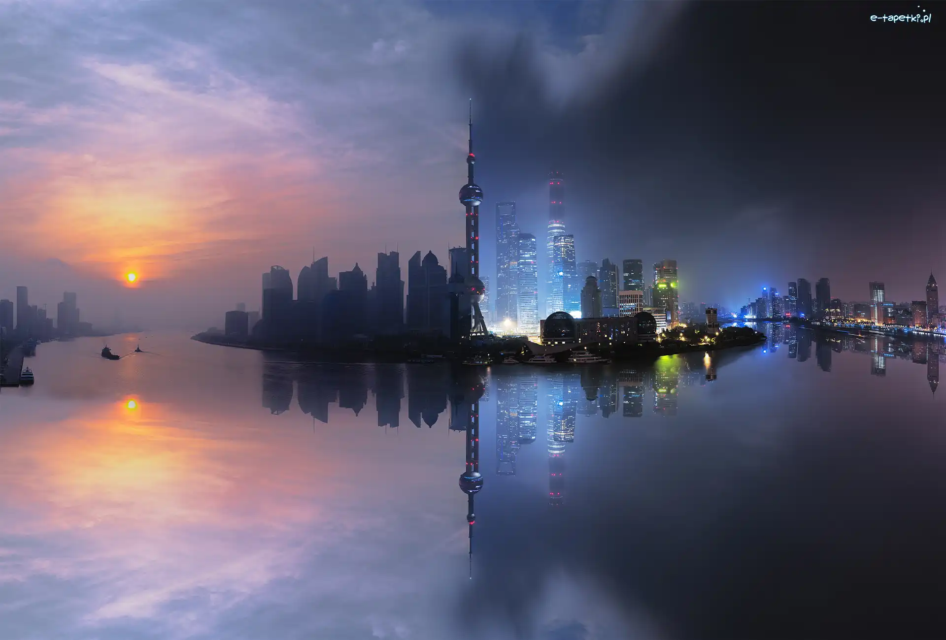 Drapacze chmur, Szanghaj, Odbicie, Rzeka Jangcy, Wieża Oriental Pearl Tower, Wschód słońca, Zmierzch, Chiny
