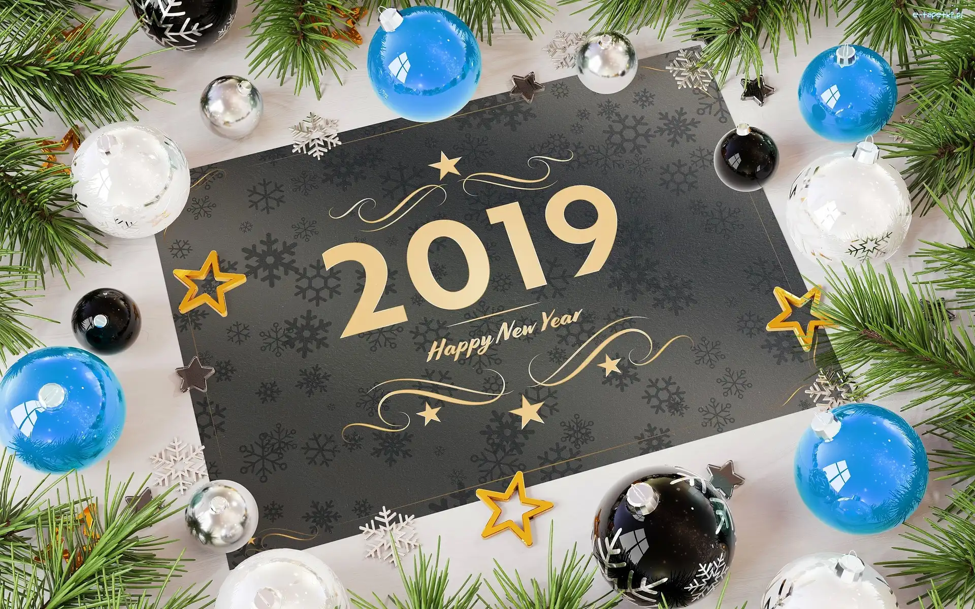 2019, Życzenia, Dekoracje, Gwiazdki, Nowy Rok, Bombki, Gałązki, Kartka