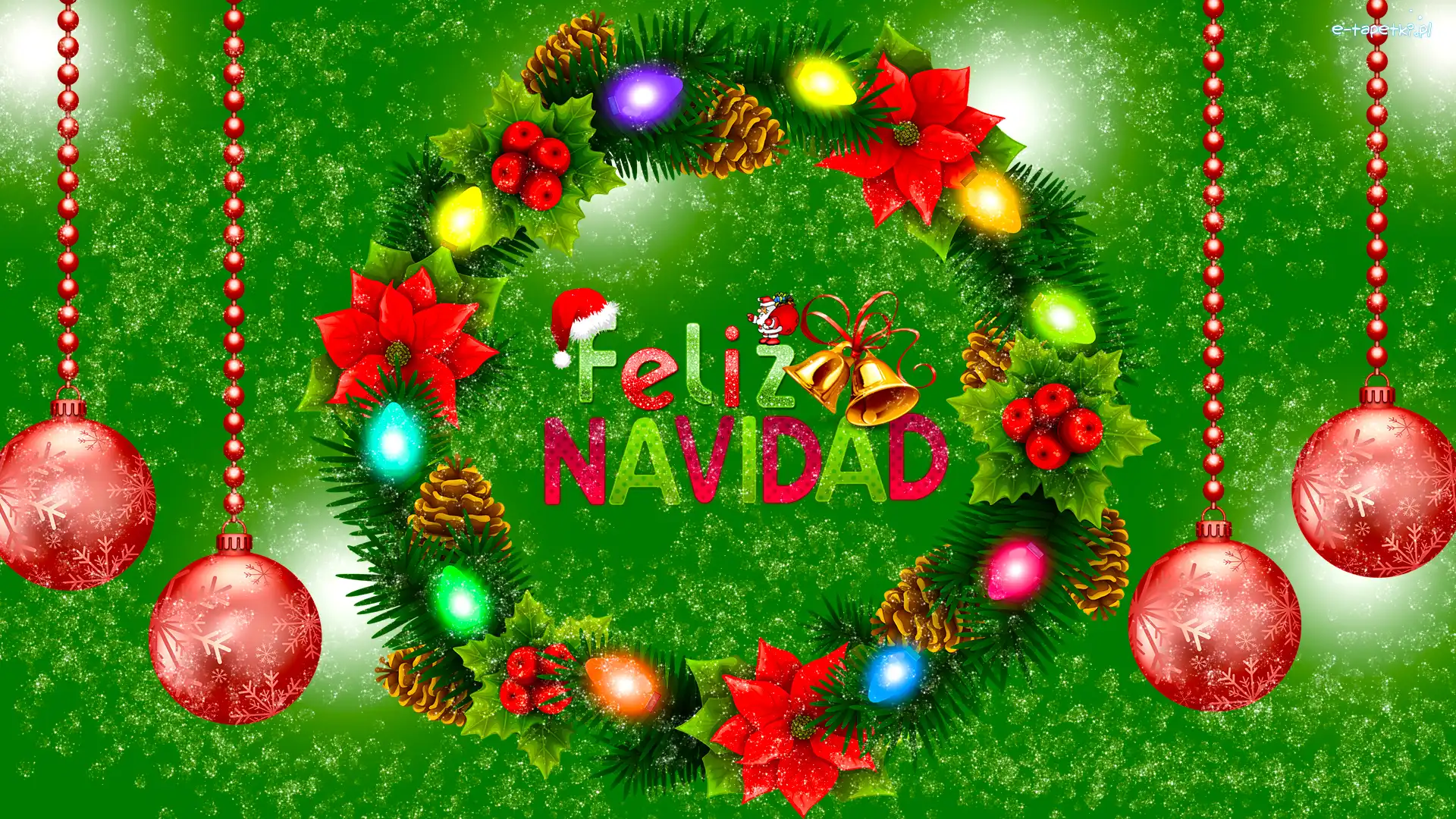 Światełka, Wieniec, Feliz Navidad, Życzenia, Kwiaty, Grafika, Napis, Bombki