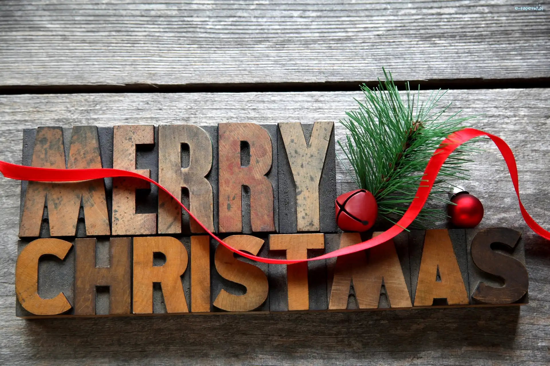 Gałązka, Napis, Merry Christmas, Wstążka, Drewniany, Boże Narodzenie