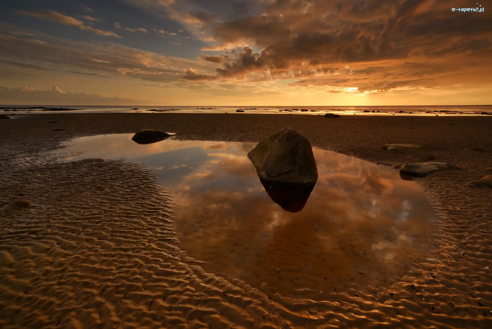 Kałuża, Plaża, Kamienie, Zachód słońca, Brzeg, Morze
