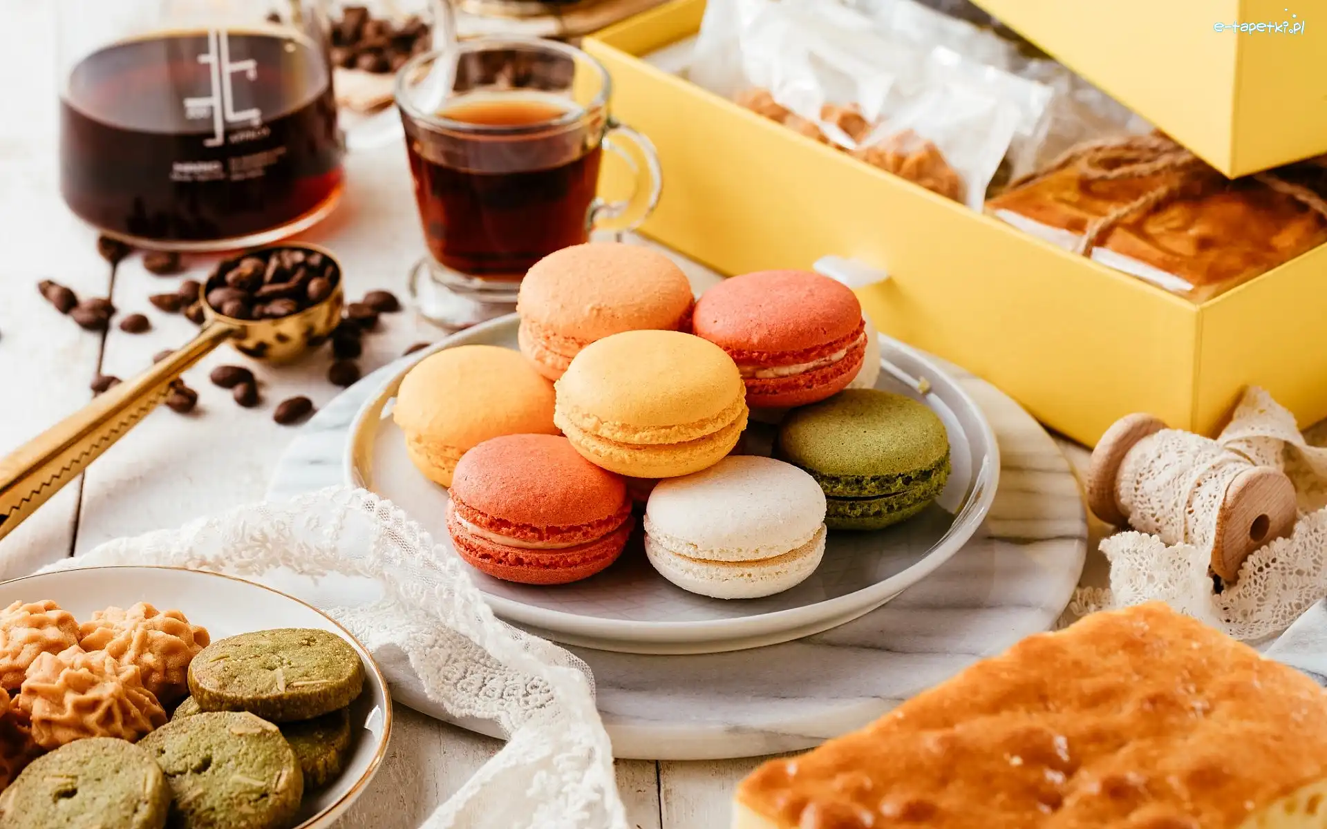 Kawa, Makaroniki, Talerz, Ciasto, Kolorowe, Ciasteczka