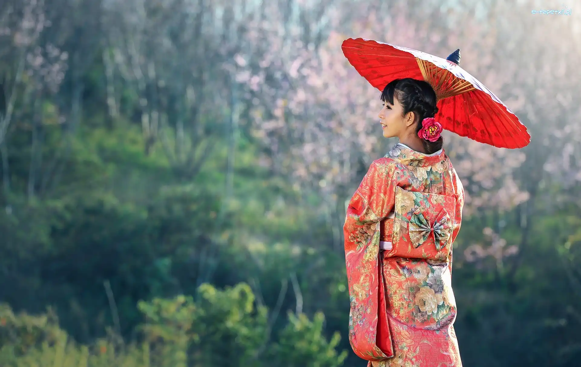 Kobieta, Kimono, Azjatka, Parasolka, Czerwona