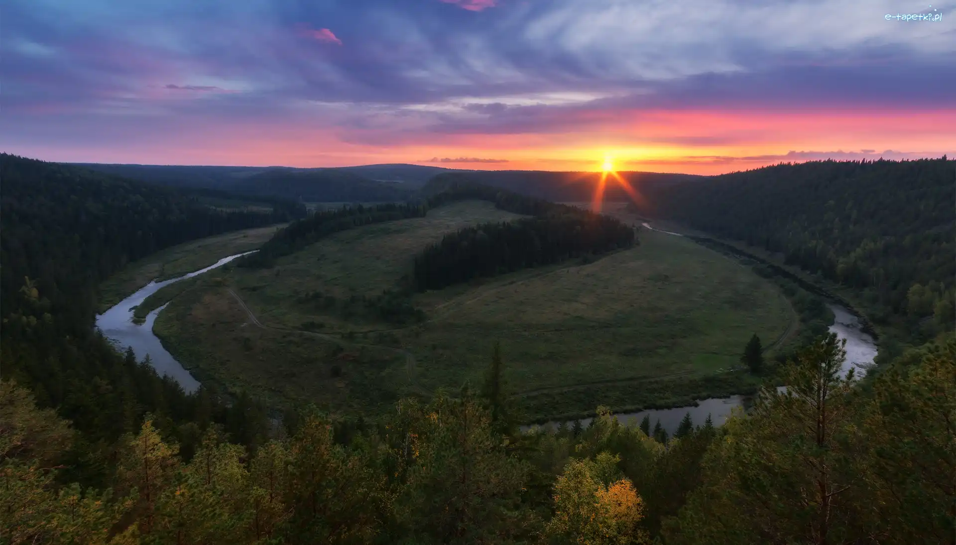 Drzewa, Meander, Rzeka, Zachód słońca, Zakole, Wzgórza