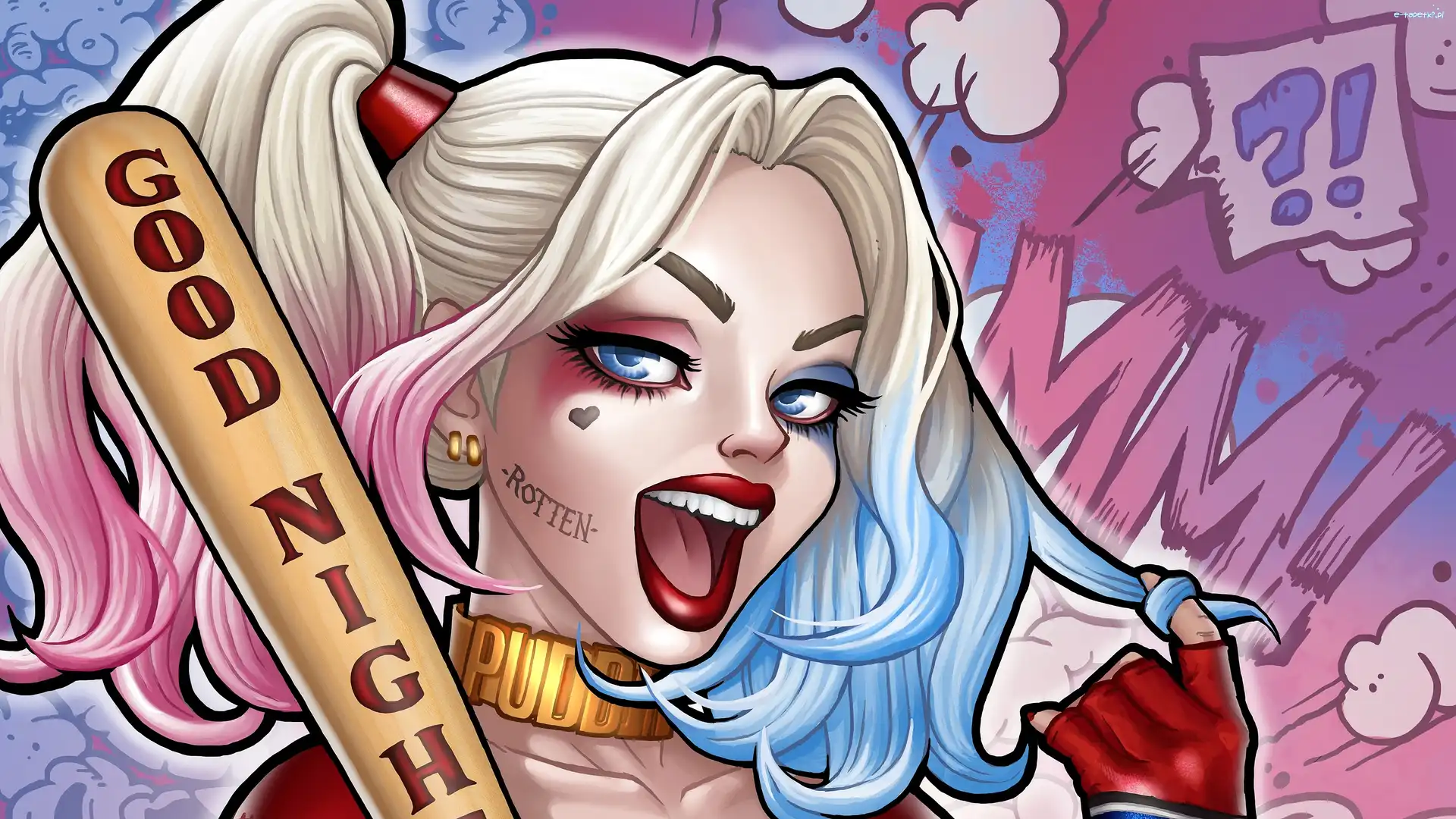 Kij bejsbolowy, Harley Quinn, Uśmiech, Grafika, Postać, Blondynka