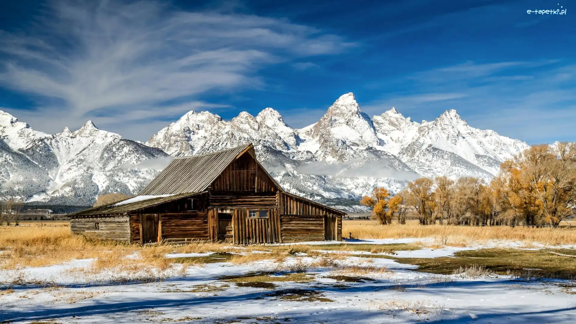 Śnieg, Chata, Stany Zjednoczone, Stan Wyoming, Góry Teton Range, Drzewa, Park Narodowy Grand Teton, Drewniana