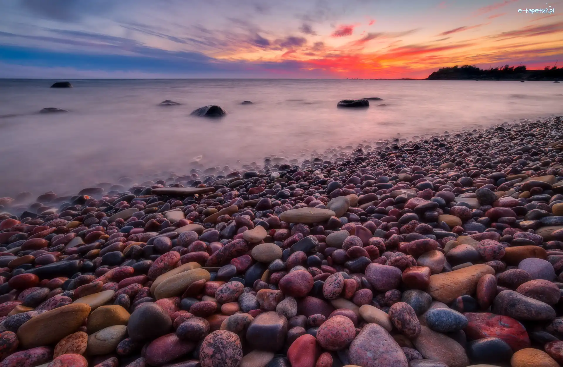 Kamienie, Morze, Brzeg, Zachód słońca