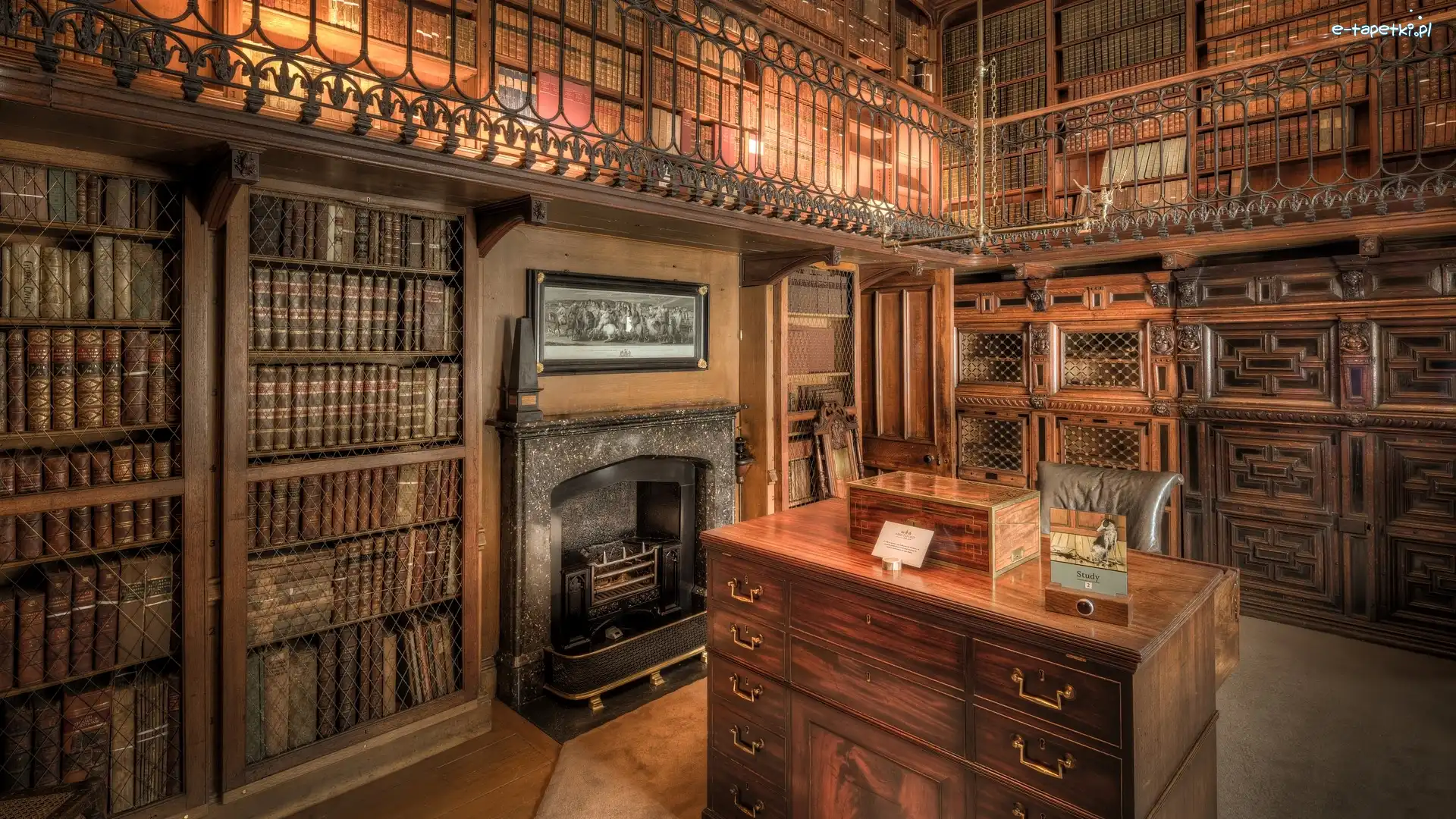Biblioteka, Kominek, Biurko, Książki, Regały