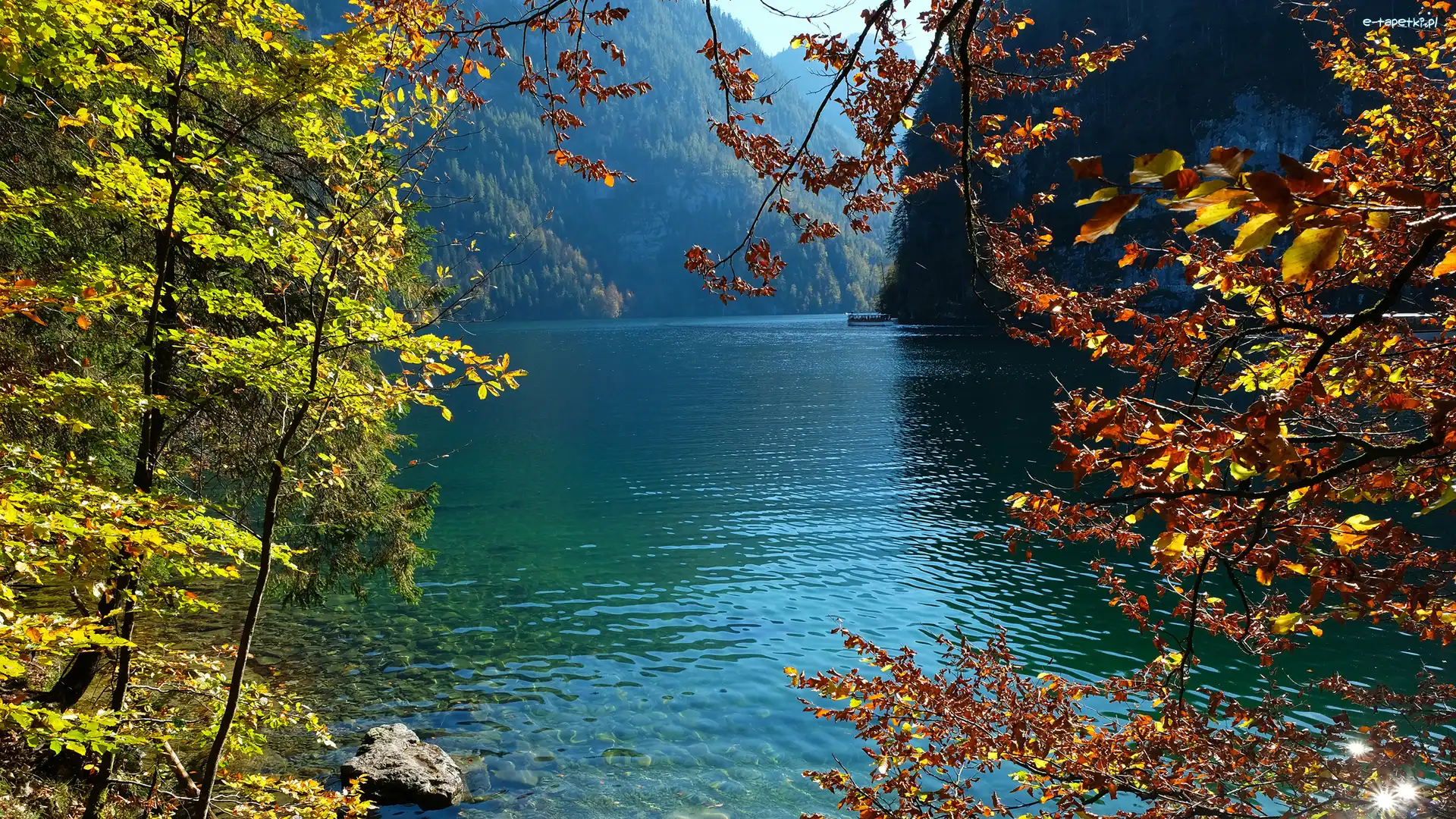 Niemcy, Statek, Drzewa, Park Narodowy Berchtesgaden, Jezioro Konigssee, Bawaria, Gałęzie