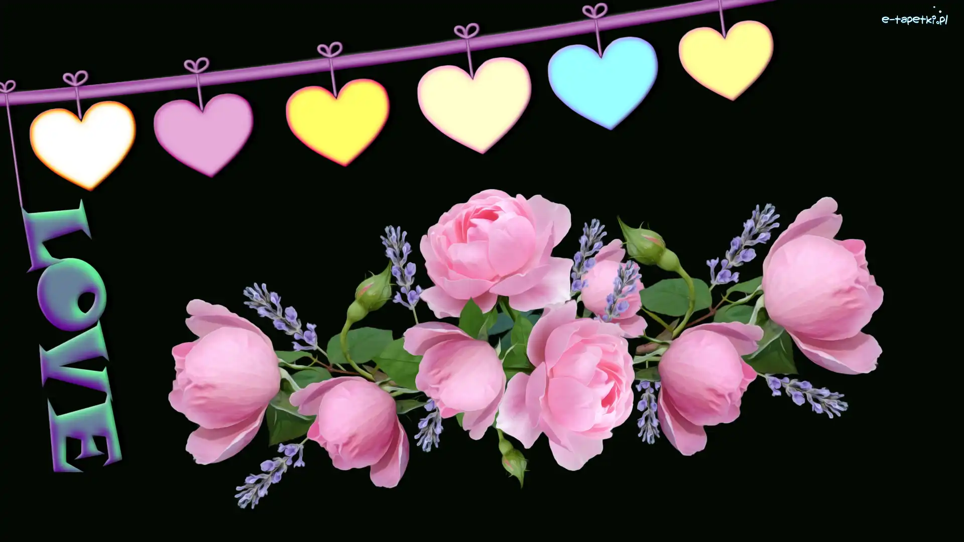 Love, Serca, Napis, 2D, Róże, Kwiaty