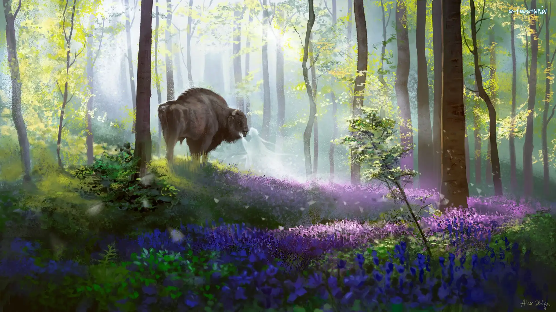 Fantasy, Kobieta, Bizon, Art, Las