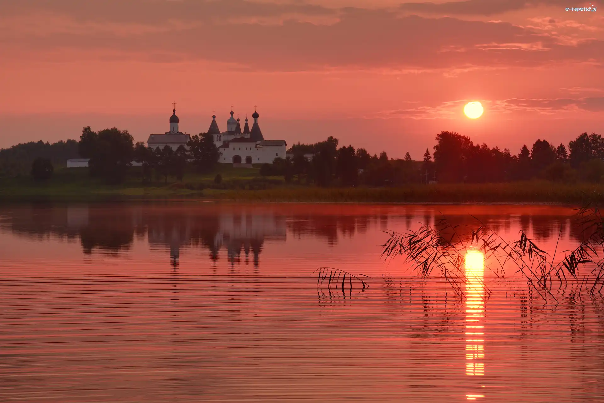 Jezioro, Zachód słońca, Drzewa, Cerkiew