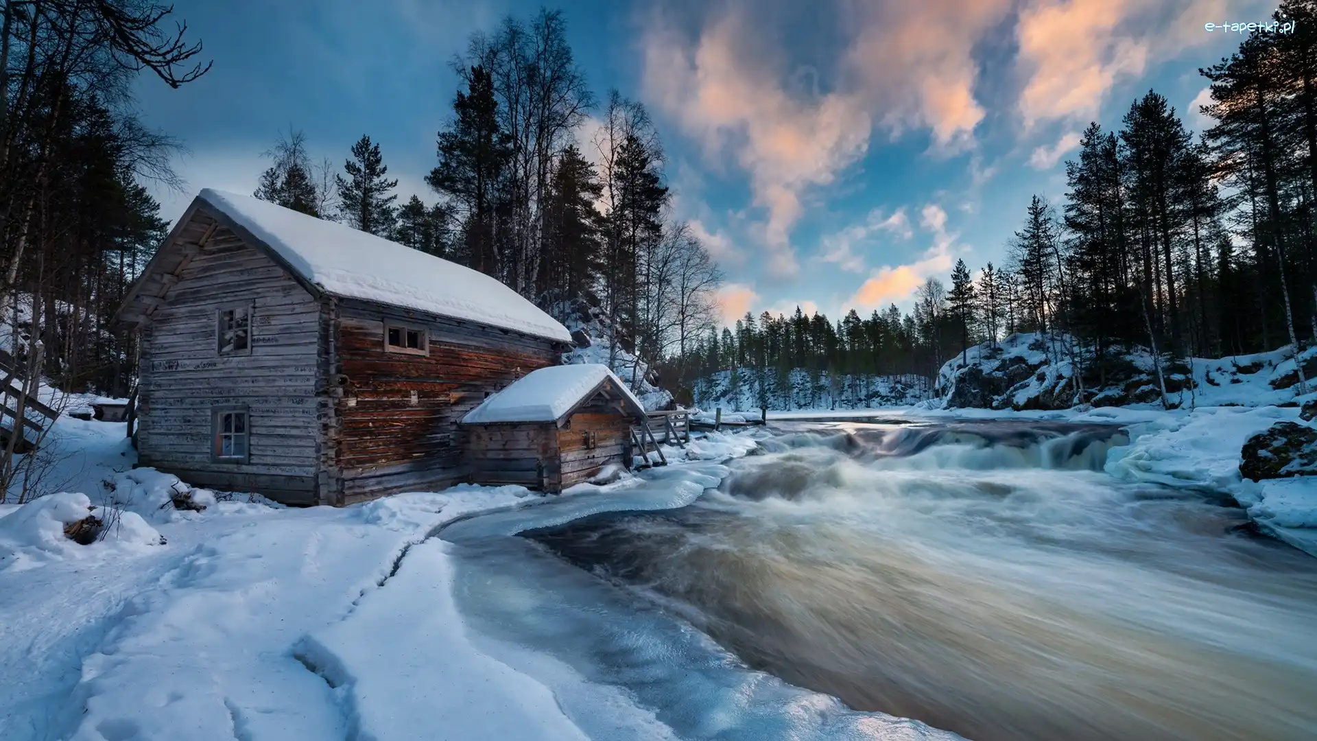 Zima, Rzeka, Finlandia, Laponia, Drzewa, Park Narodowy Oulanka, Gmina Kuusamo, Młyn Myllykoski