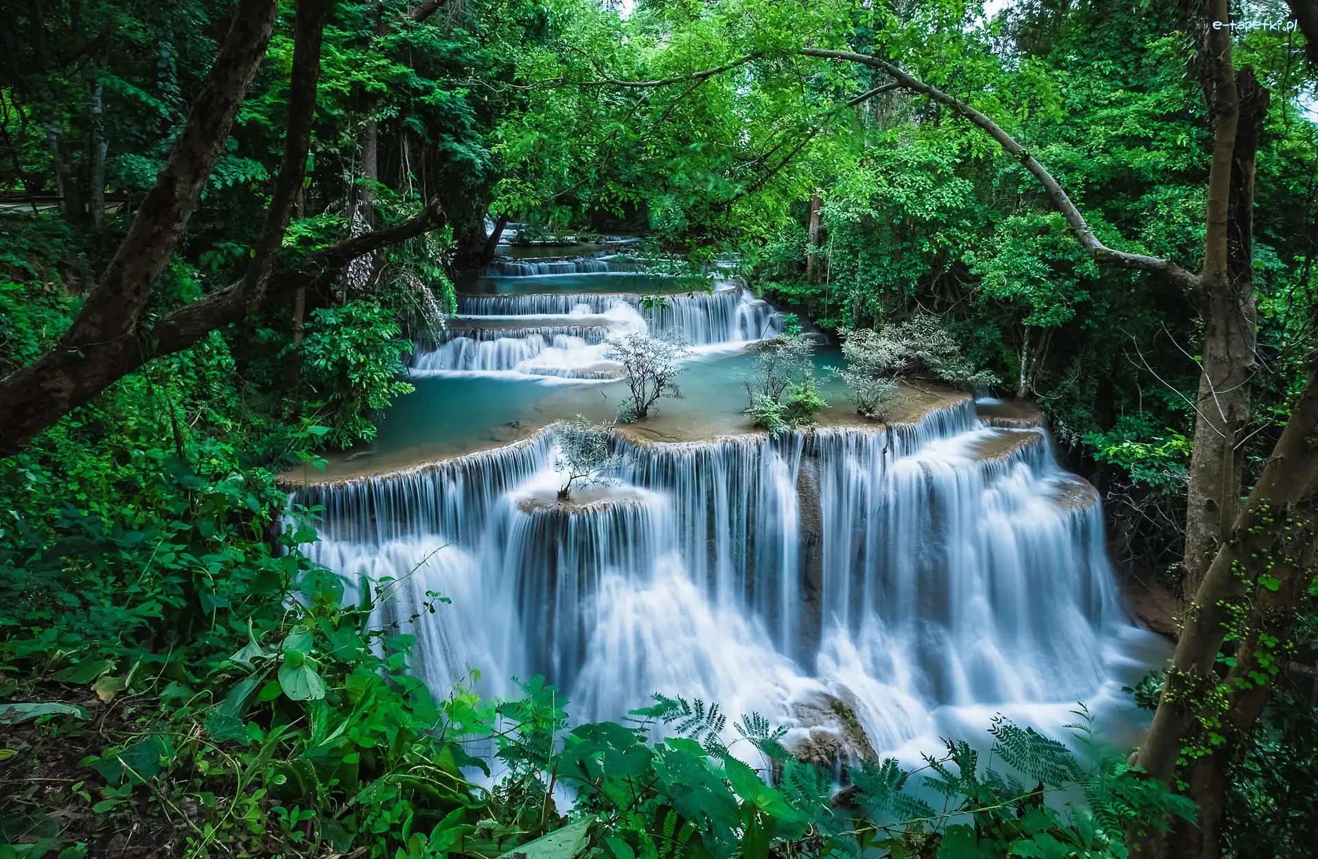 Prowincja Kanchanaburi, Drzewa, Park Narodowy Erawan, Tajlandia, Kaskada, Wodospad Erawan