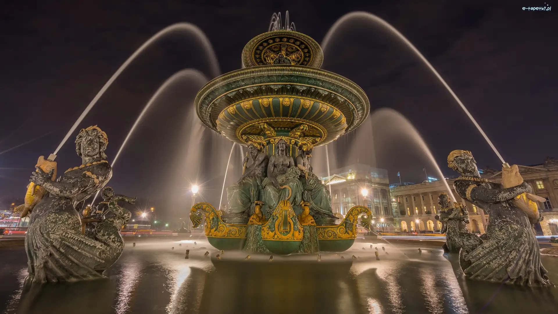 Noc, Fontaine des Mers, Francja, Paryż, Rzeźby, Place de la Concorde, Plac Zgody, Fontanna Mórz