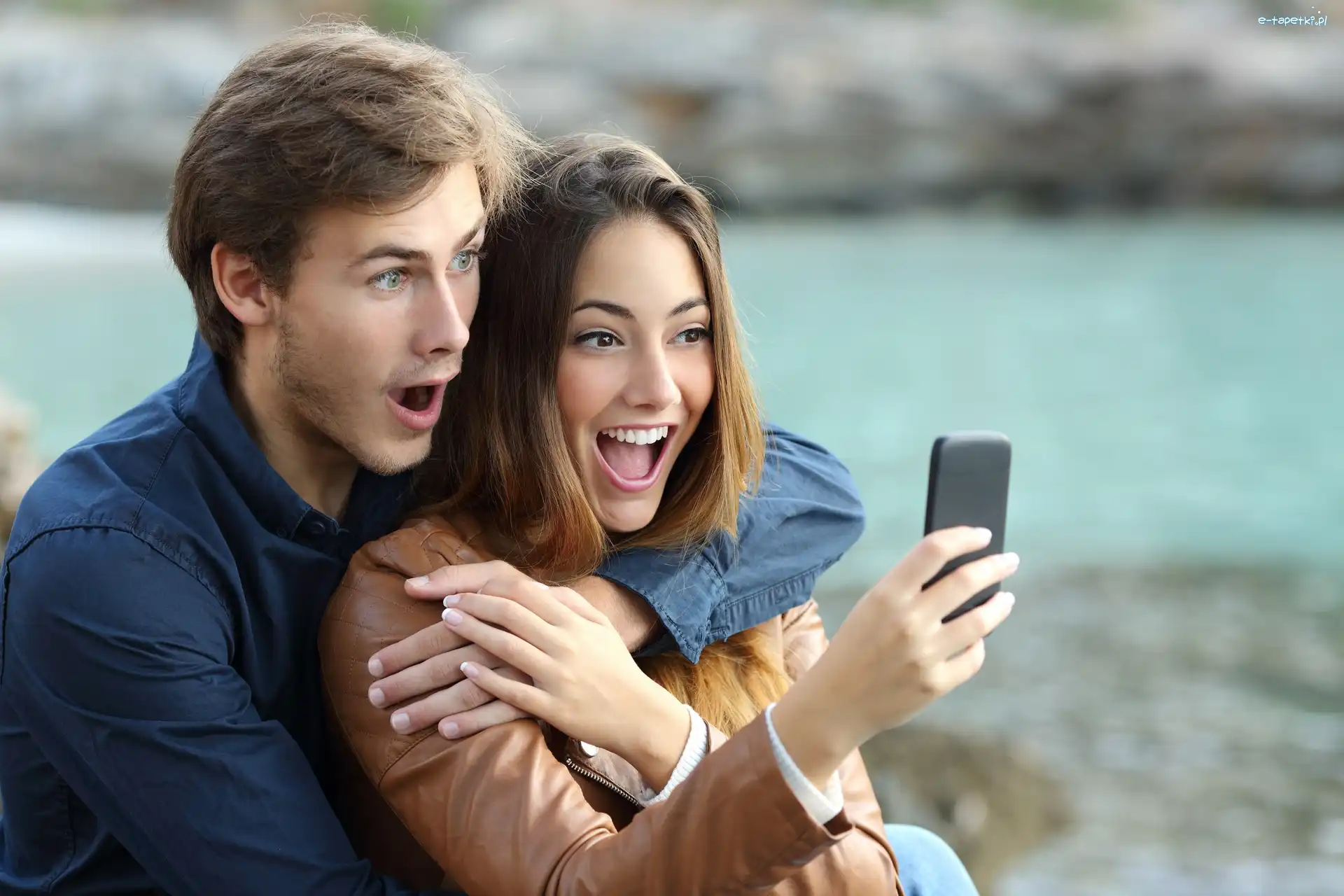 Chłopak, Radość, Dziewczyna, Selfie, Telefon
