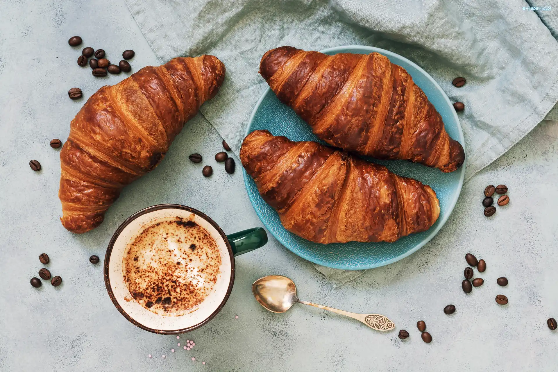 Łyżeczka, Trzy, Croissanty, Kubek, Kawa, Talerz, Rogaliki