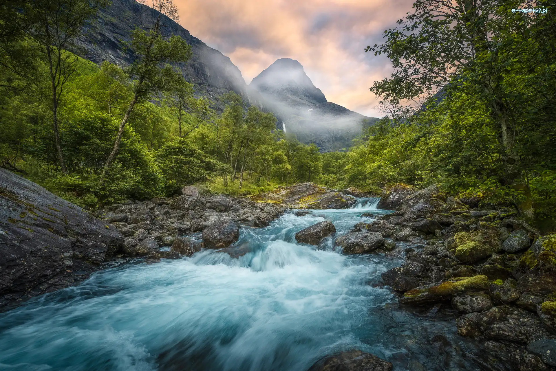 Góry, Rzeka Rauma, Kamienie, Drzewa, Dolina Romsdalen, Norwegia