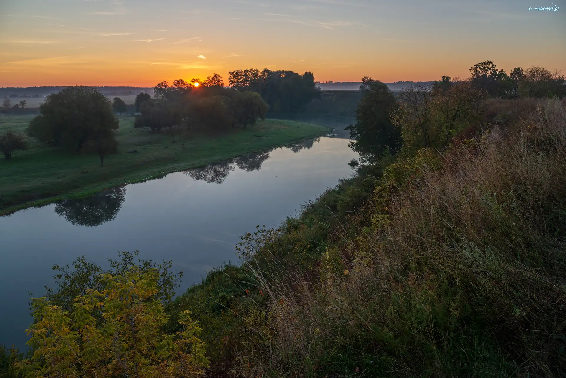 Rzeka, Trawa, Drzewa, Wschód słońca, Krzewy