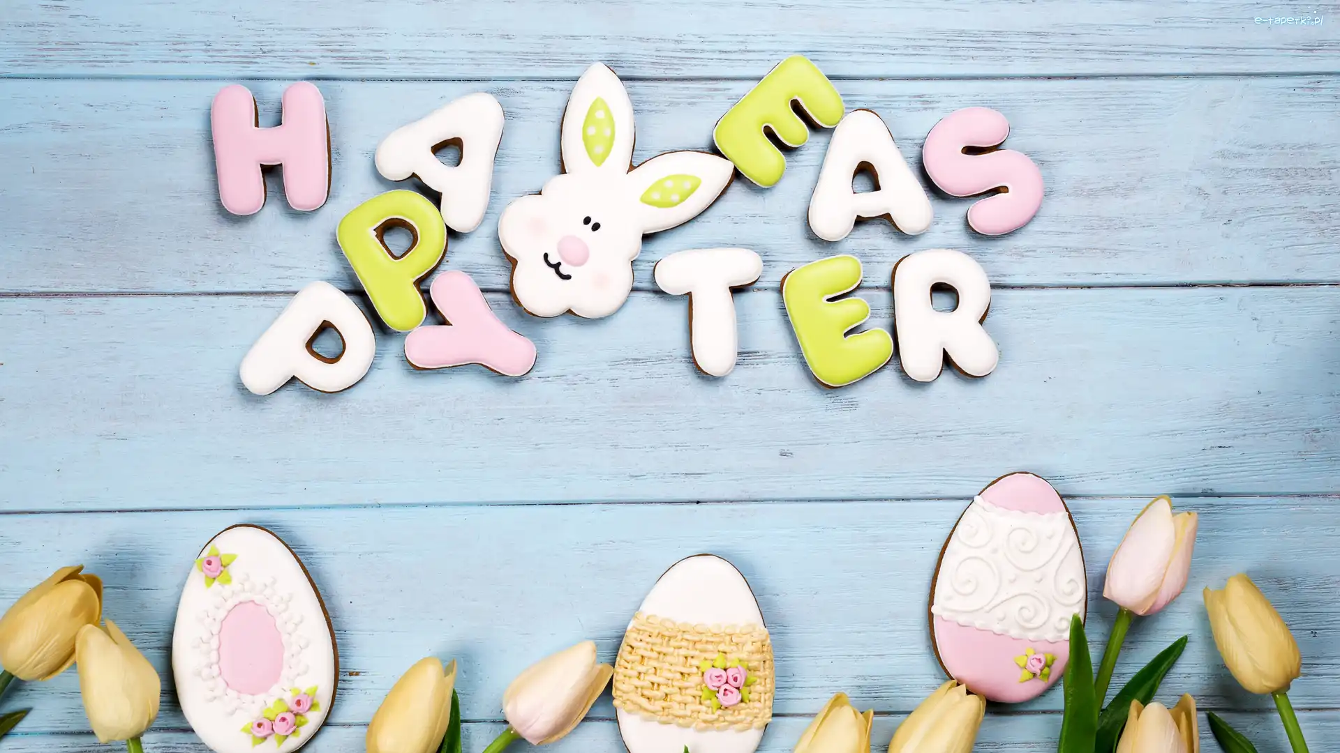 Wielkanoc, Zajączek, Tulipany, Pisanki, Ciastka, Happy Easter, Napis