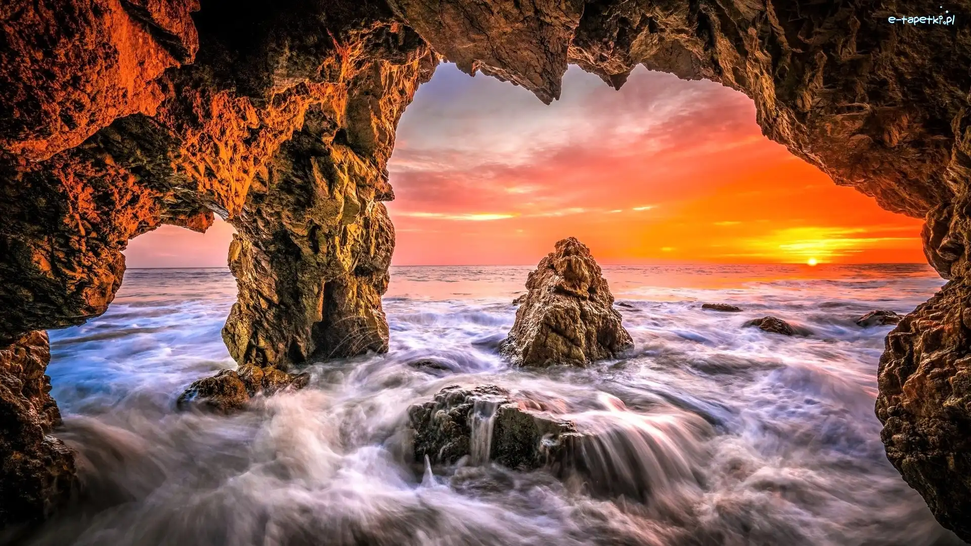 Zachód słońca, Jaskinia, Stany Zjednoczone, Kalifornia, Skały, Malibu, Hrabstwo Los Angeles, Morze