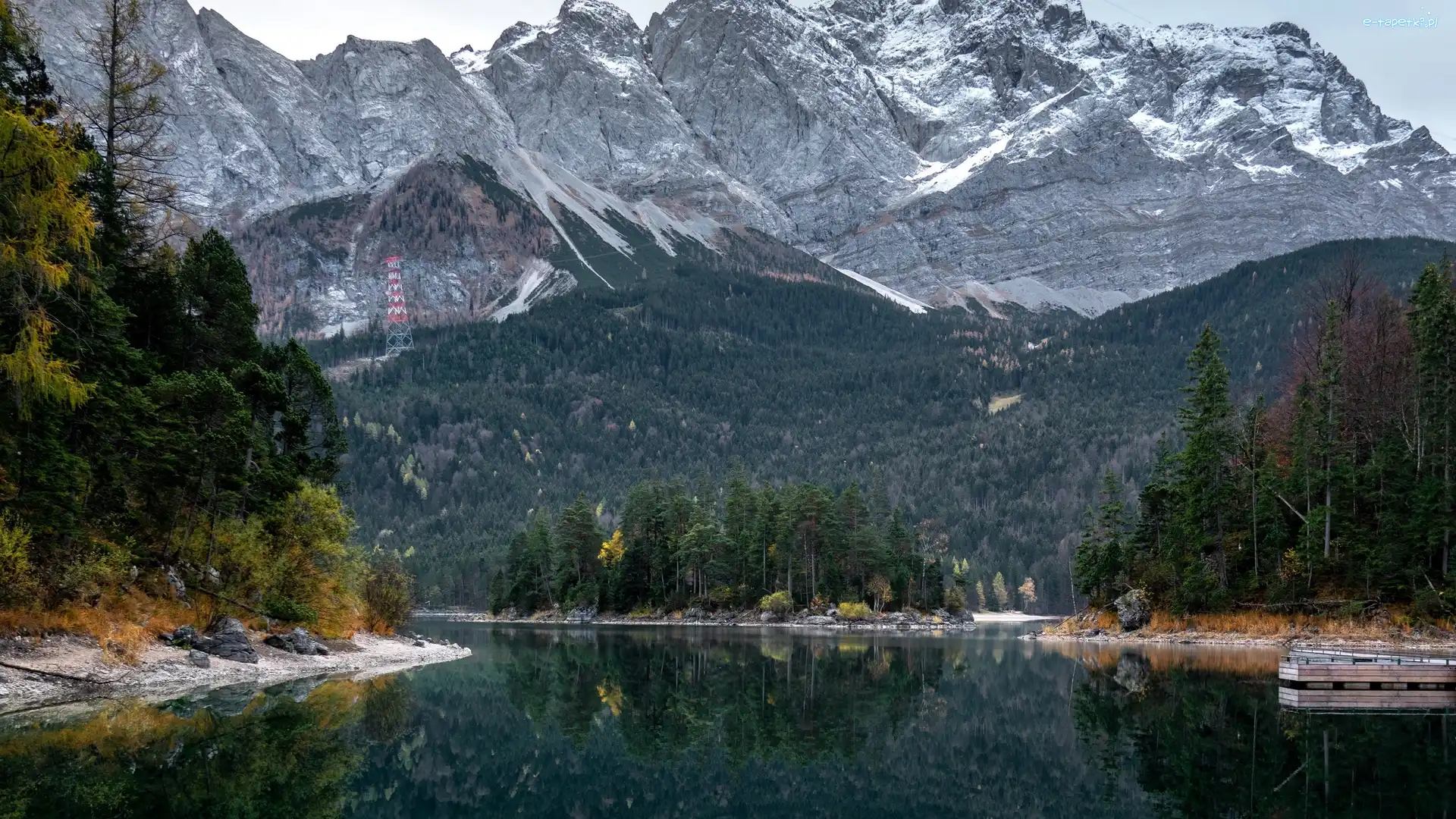 Niemcy, Góra Zugspitze, Drzewa, Góry, Jezioro Eibsee, Bawaria, Lasy
