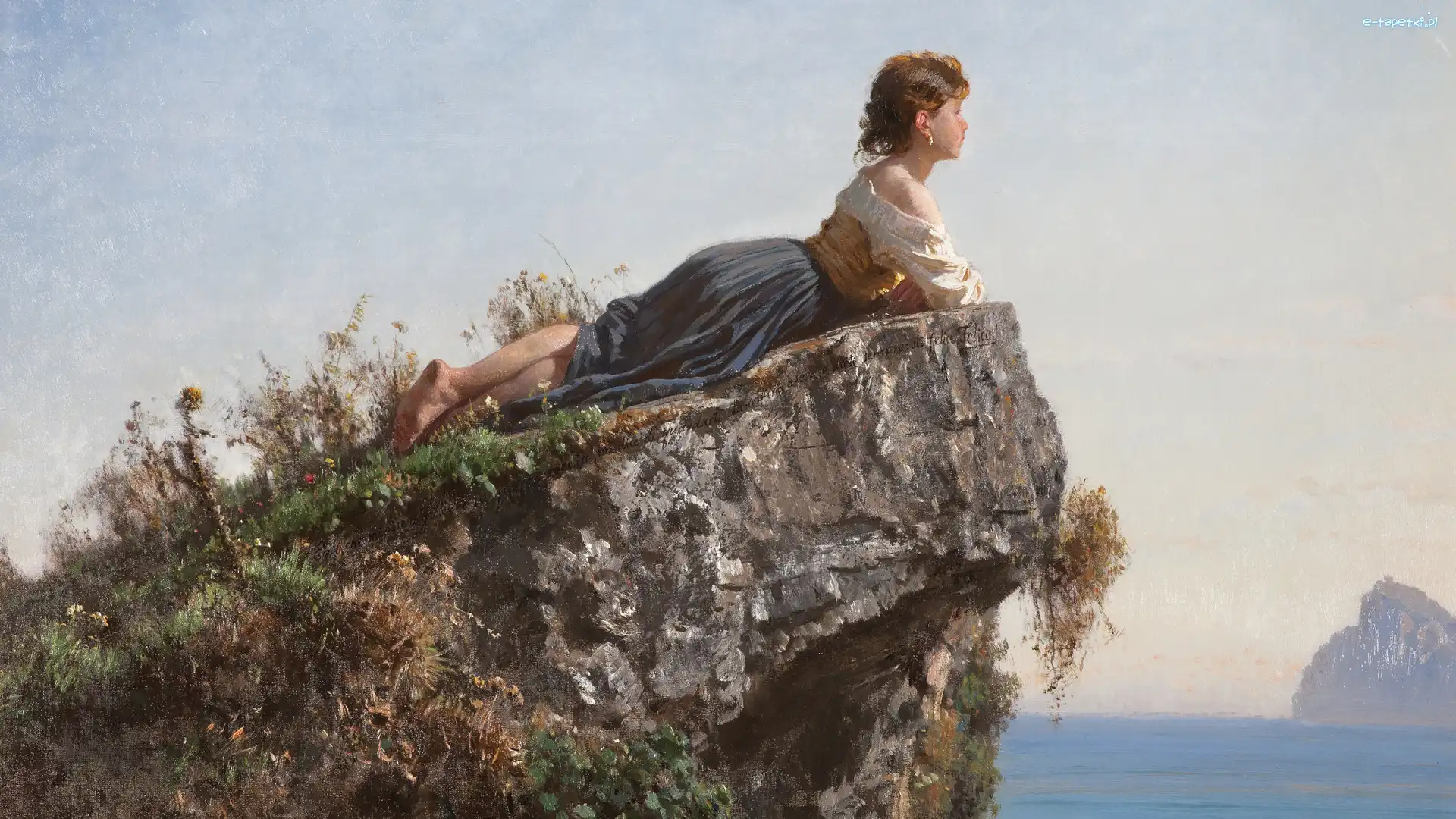 Skała, Filippo Palizzi, Tytuł, Malarstwo, Obraz, Dziewczyna, Girl on The Rock in Sorrento